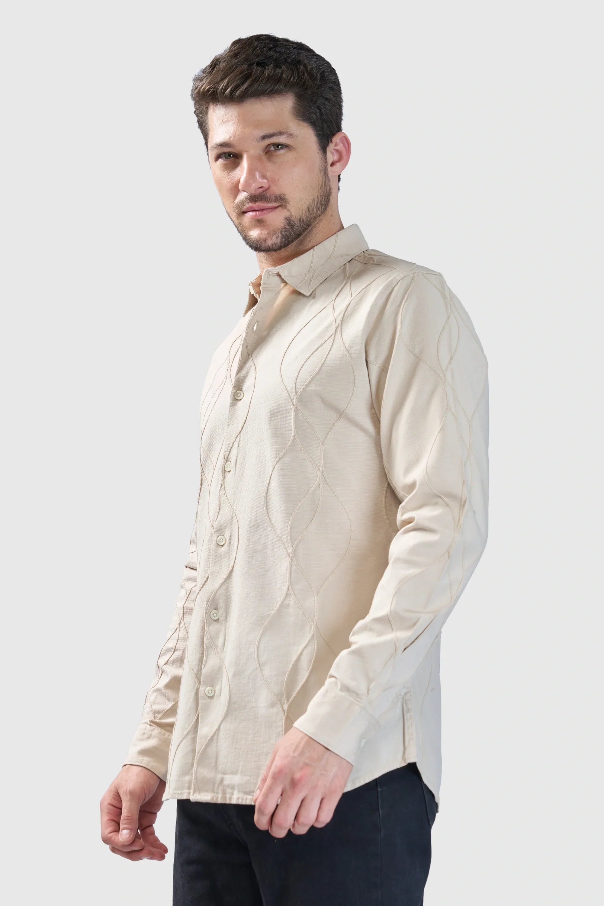 Xkind Beige Embroidery Full Sleeve Slim Fit Shirt | Grocsy