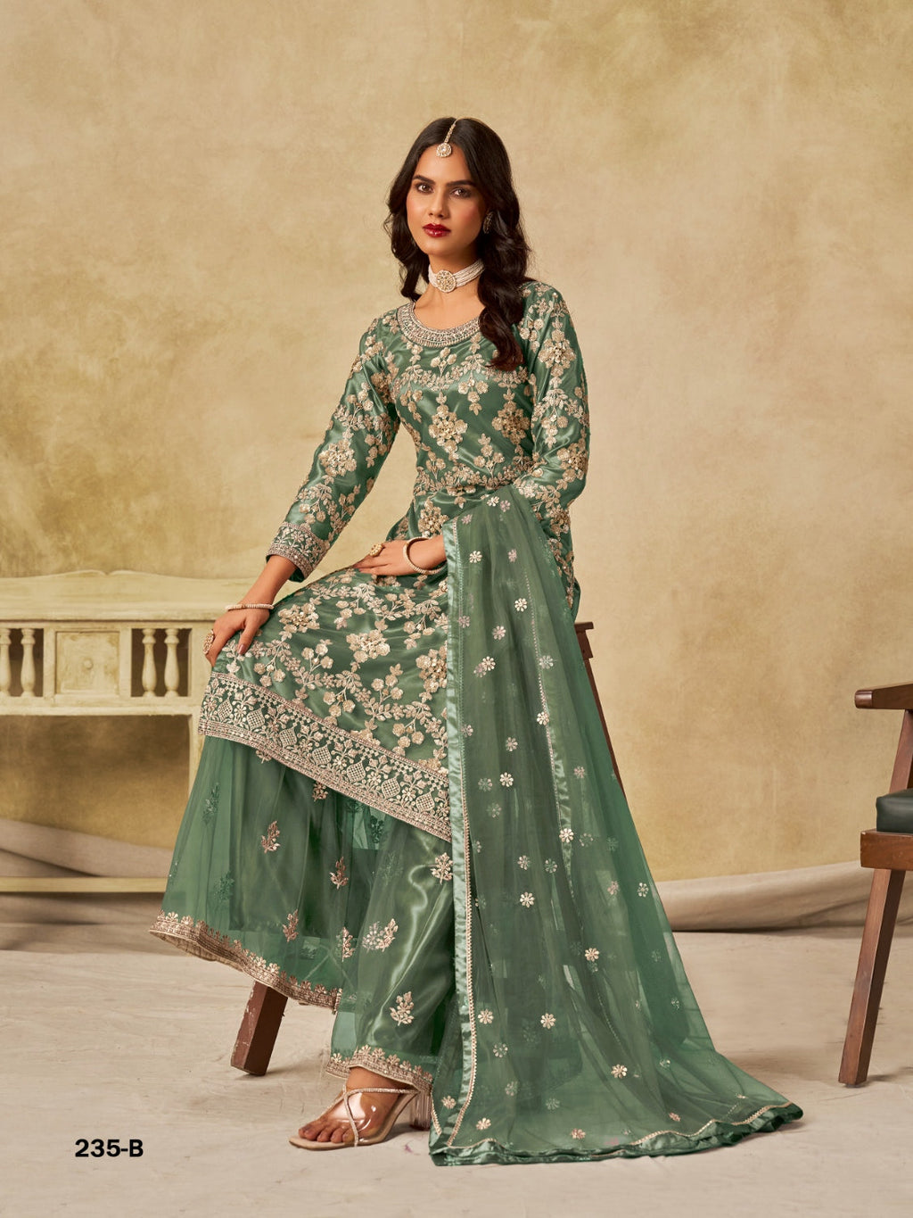 Anaita Green Heavy Net Suit With Embroidery Work | Grocsy