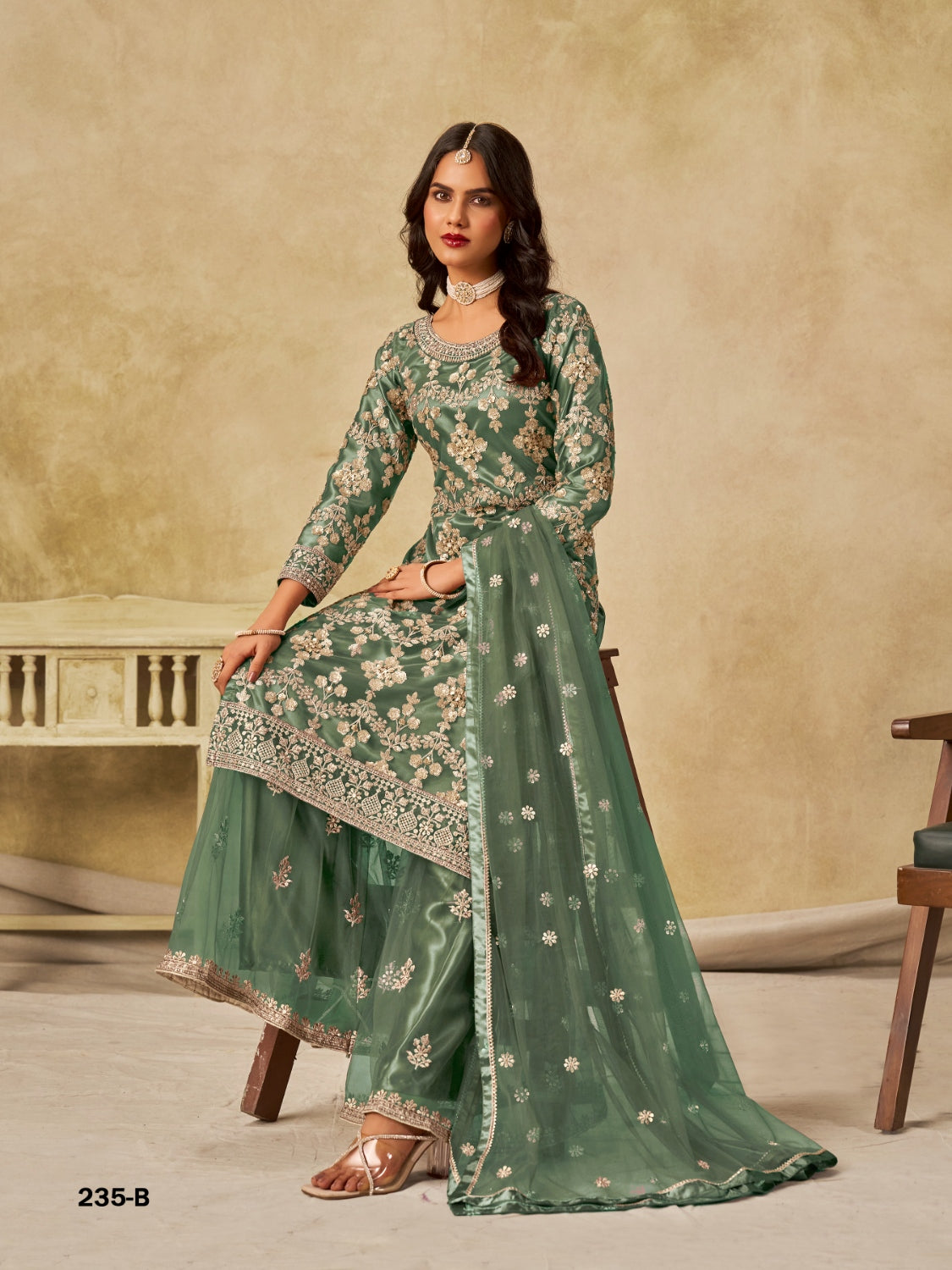 Anaita Green Heavy Net Suit With Embroidery Work | Grocsy