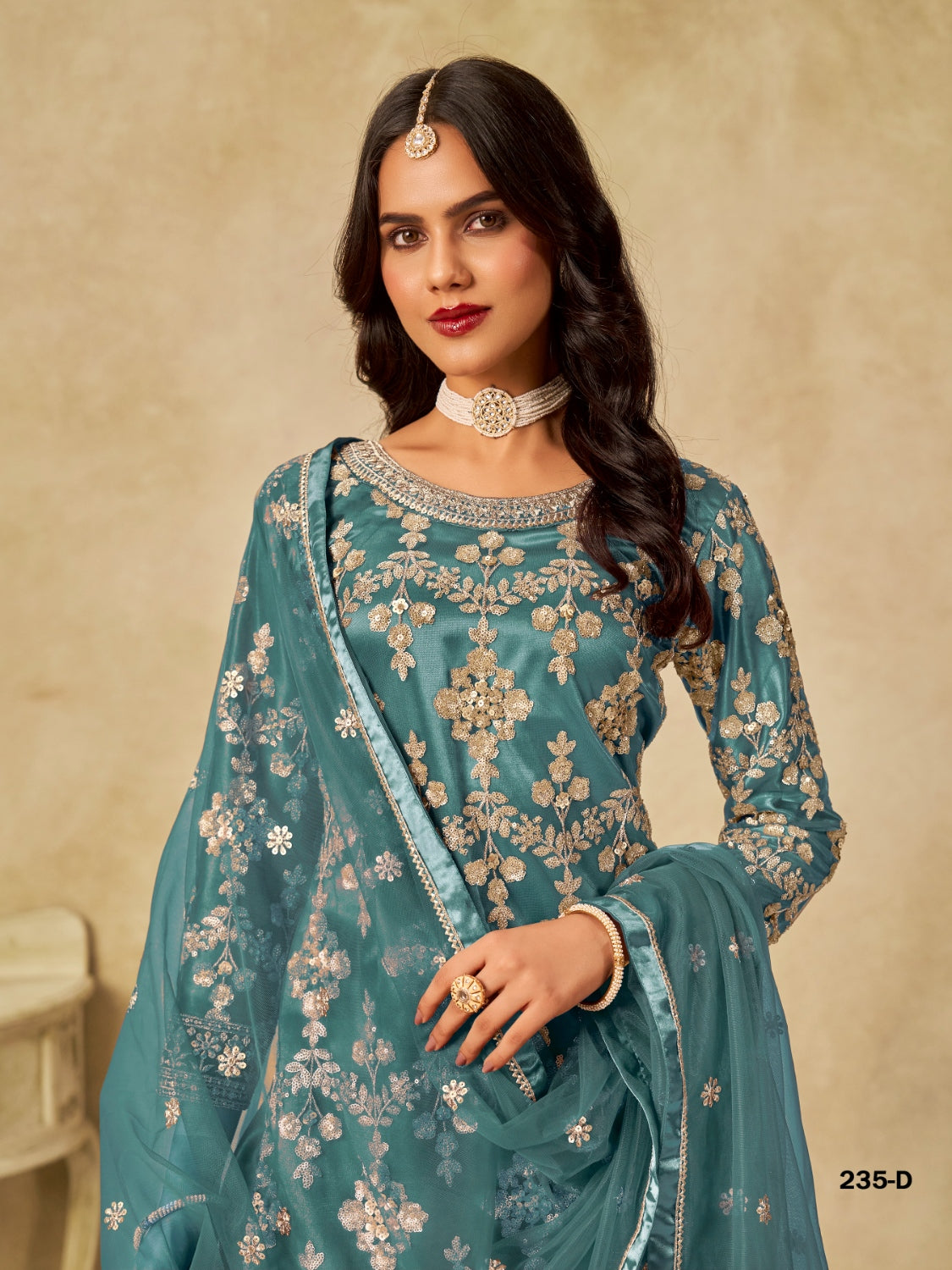 Anaita Teal Blue Heavy Net Suit With Embroidery Work | Grocsy