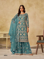 Anaita Teal Blue Heavy Net Suit With Embroidery Work | Grocsy