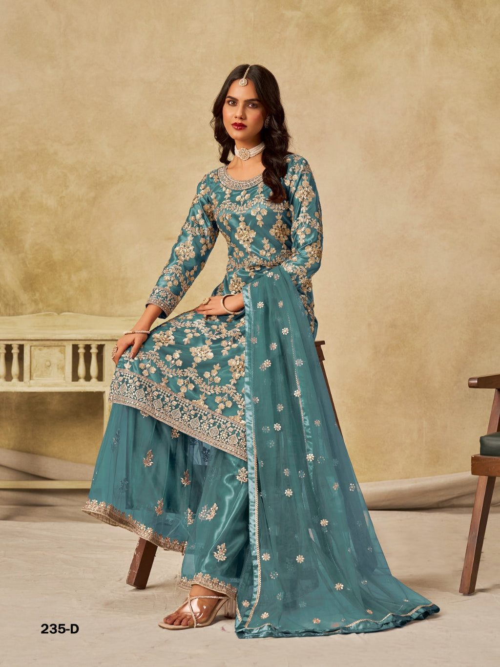 Anaita Teal Blue Heavy Net Suit With Embroidery Work | Grocsy