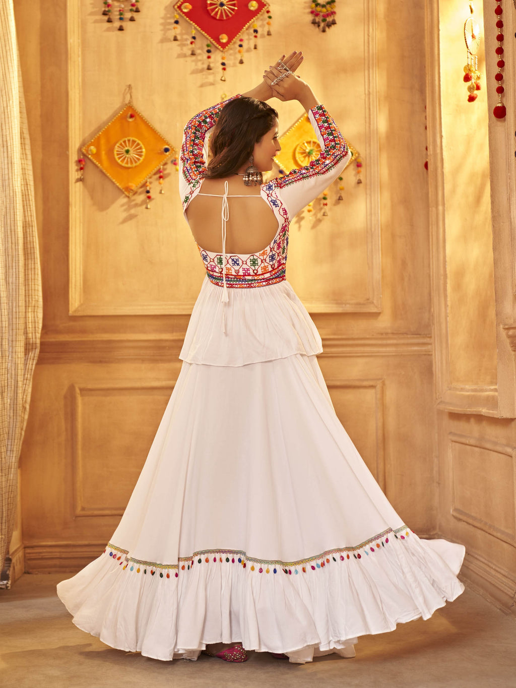 Myra White Viscose Rayon Embroidered Designer Navratri Special Lehenga | Grocsy