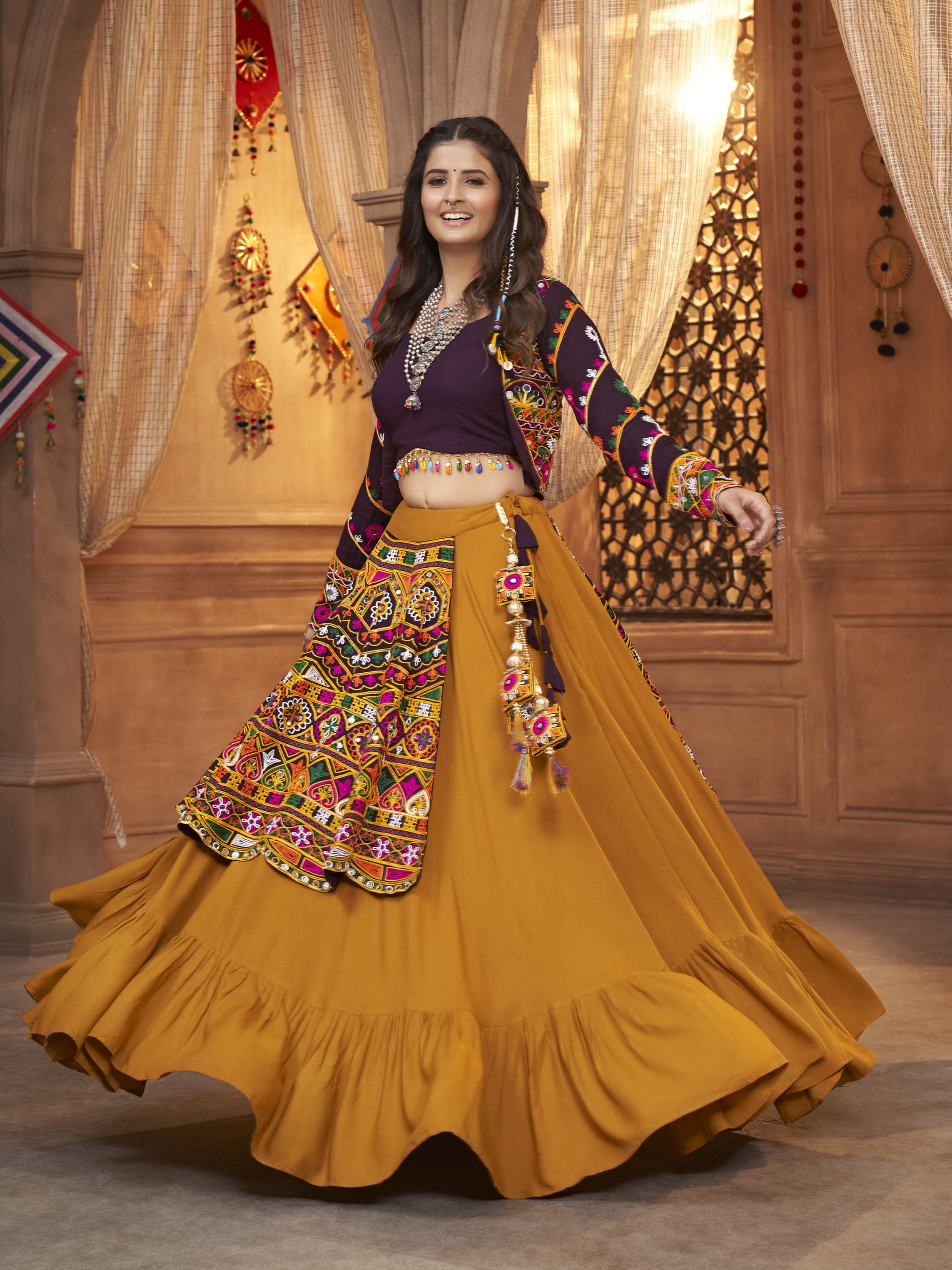 Myra Mustard Yellow Koti Style Viscose Rayon Embroidered Designer Navratri Special Lehenga | Grocsy