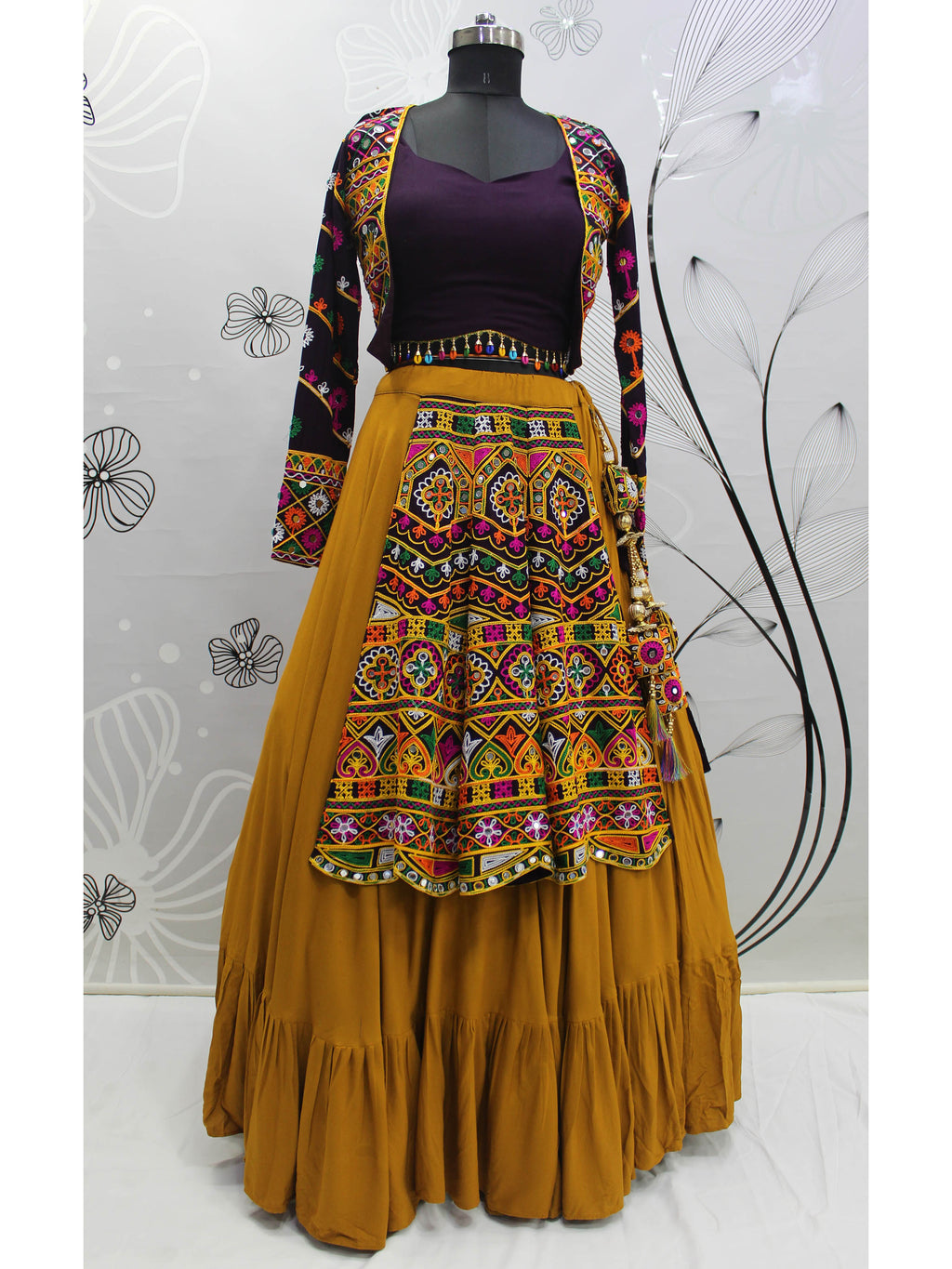 Myra Mustard Yellow Koti Style Viscose Rayon Embroidered Designer Navratri Special Lehenga | Grocsy