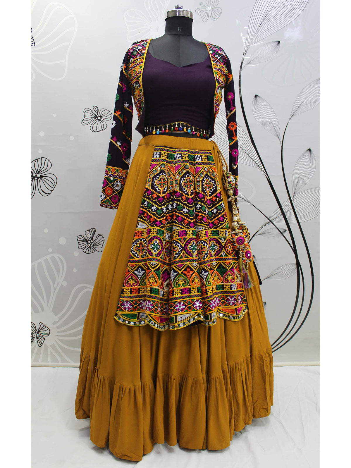 Myra Mustard Yellow Koti Style Viscose Rayon Embroidered Designer Navratri Special Lehenga | Grocsy
