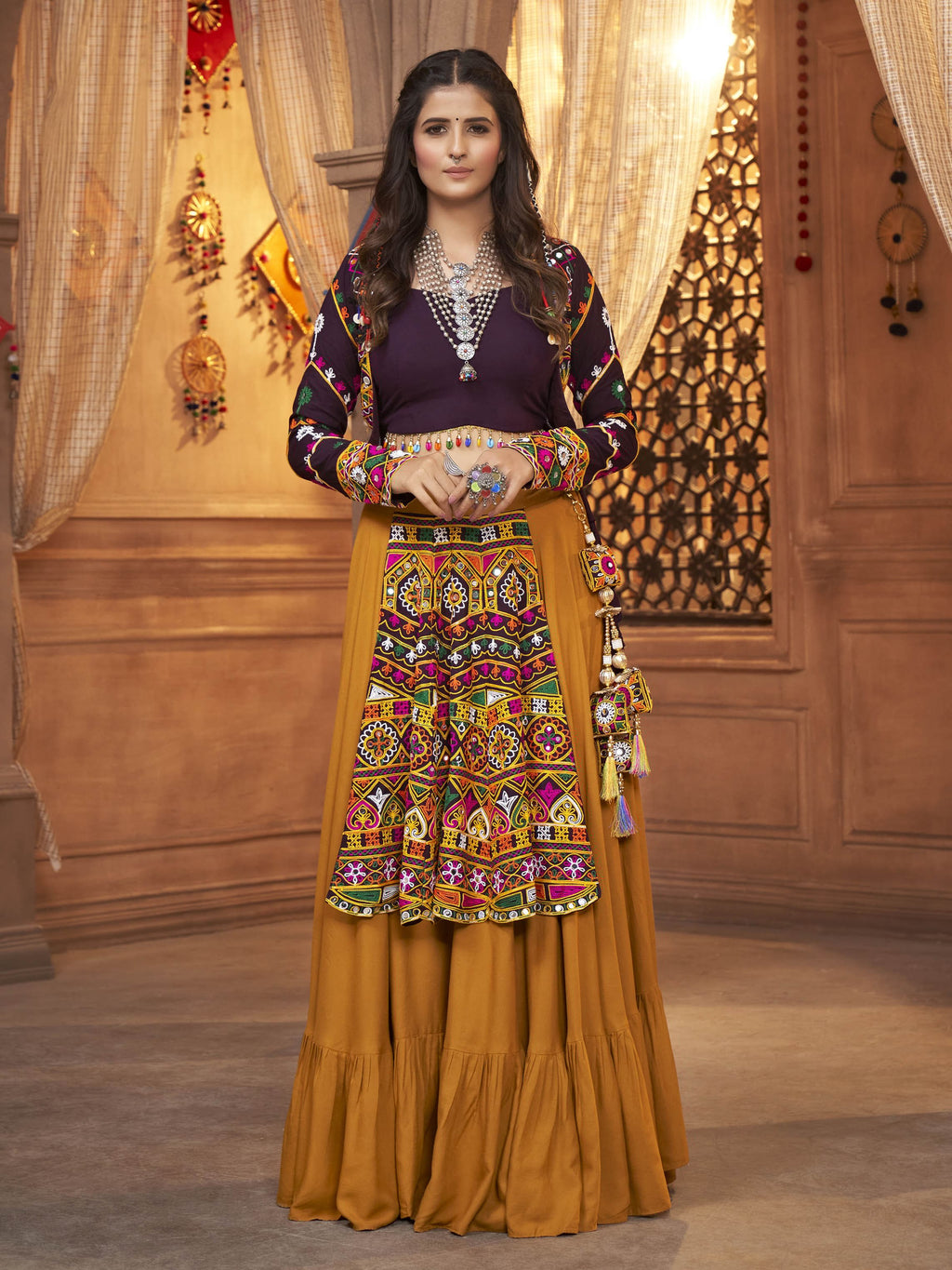 Myra Mustard Yellow Koti Style Viscose Rayon Embroidered Designer Navratri Special Lehenga | Grocsy