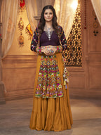 Myra Mustard Yellow Koti Style Viscose Rayon Embroidered Designer Navratri Special Lehenga | Grocsy