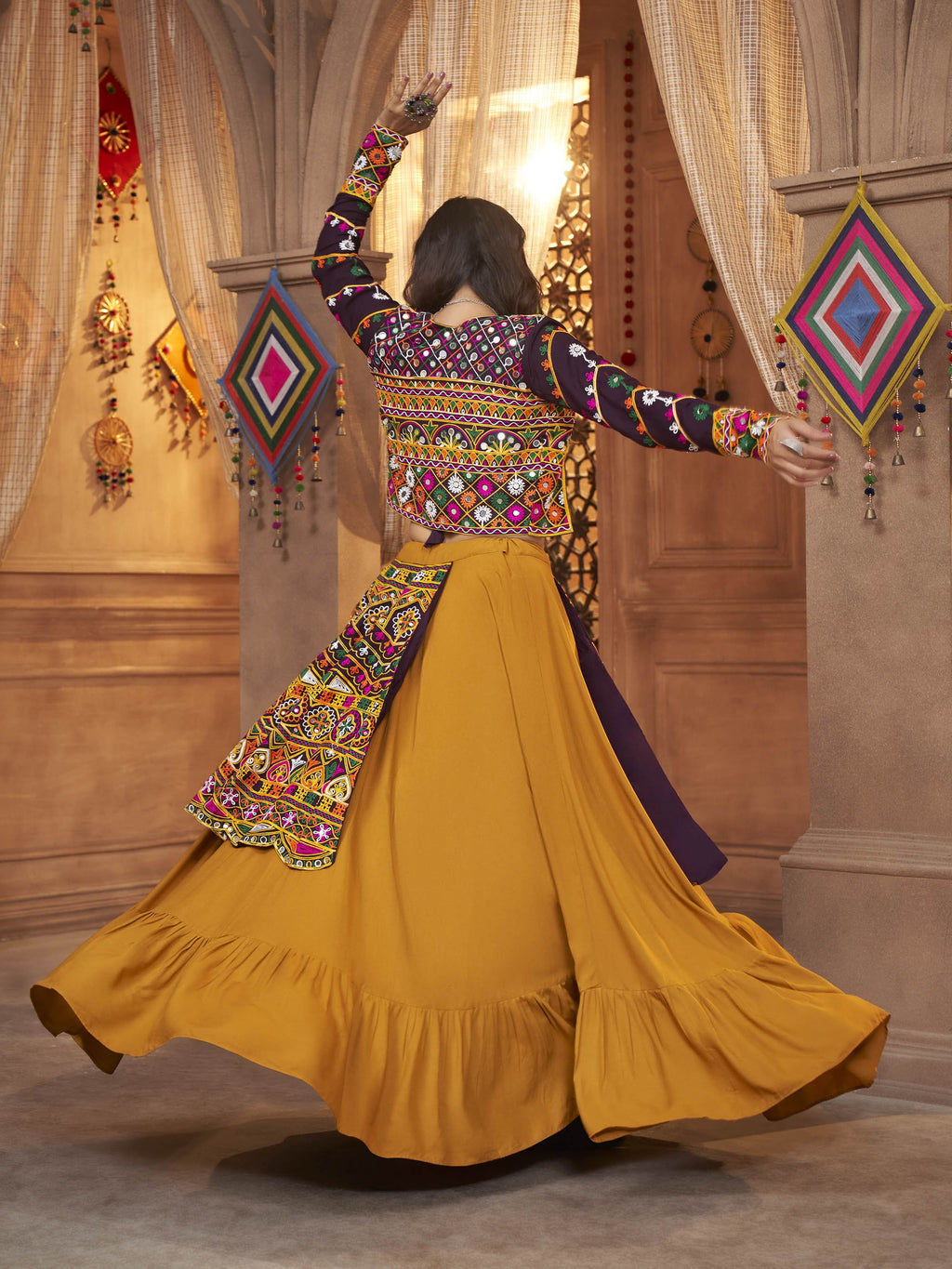 Myra Mustard Yellow Koti Style Viscose Rayon Embroidered Designer Navratri Special Lehenga | Grocsy