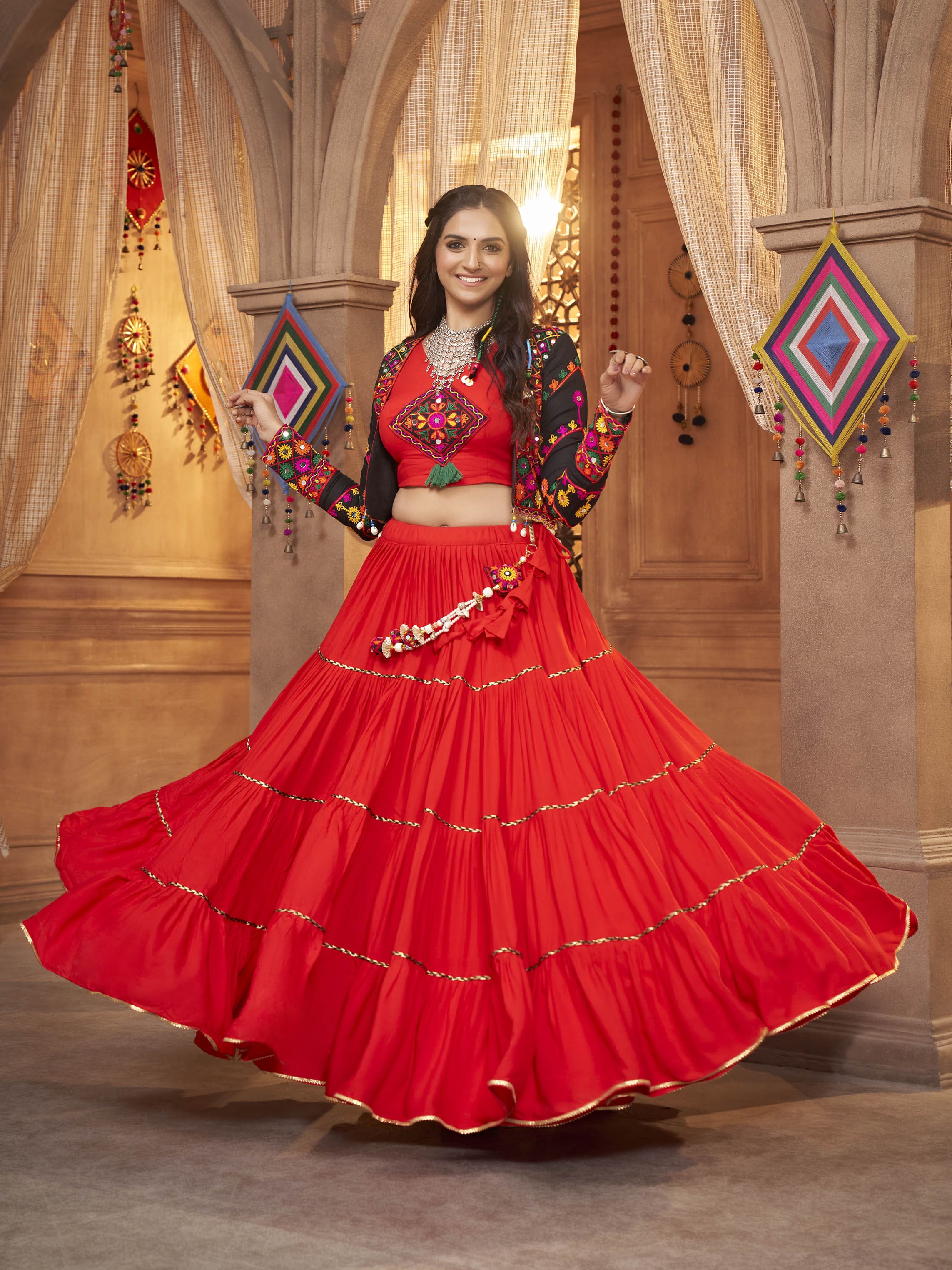 Myra Red Viscose Rayon Embroidered Designer Navratri Special Lehenga | Grocsy