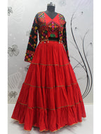 Myra Red Viscose Rayon Embroidered Designer Navratri Special Lehenga | Grocsy