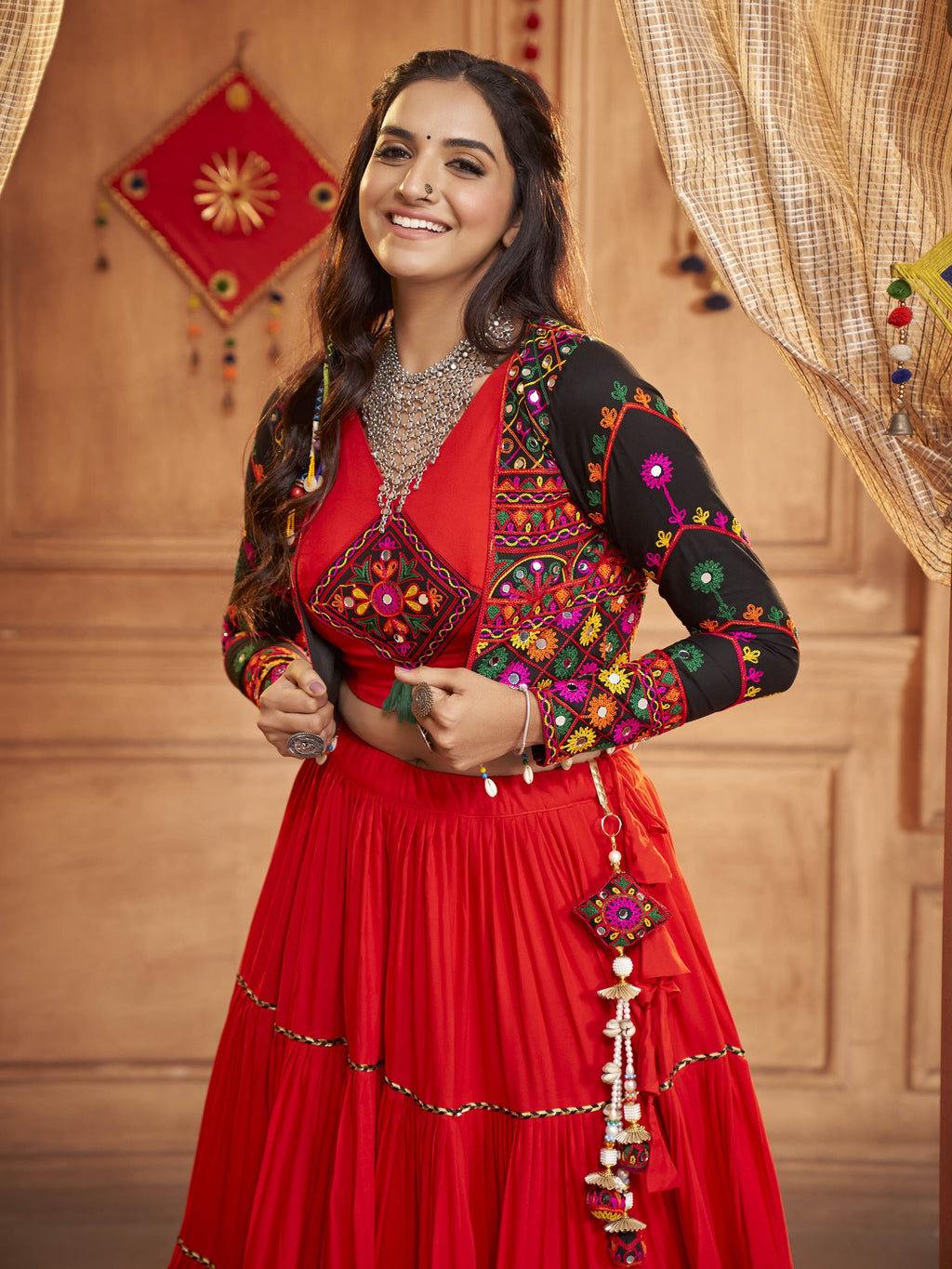 Myra Red Viscose Rayon Embroidered Designer Navratri Special Lehenga | Grocsy