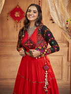 Myra Red Viscose Rayon Embroidered Designer Navratri Special Lehenga | Grocsy