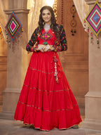 Myra Red Viscose Rayon Embroidered Designer Navratri Special Lehenga | Grocsy