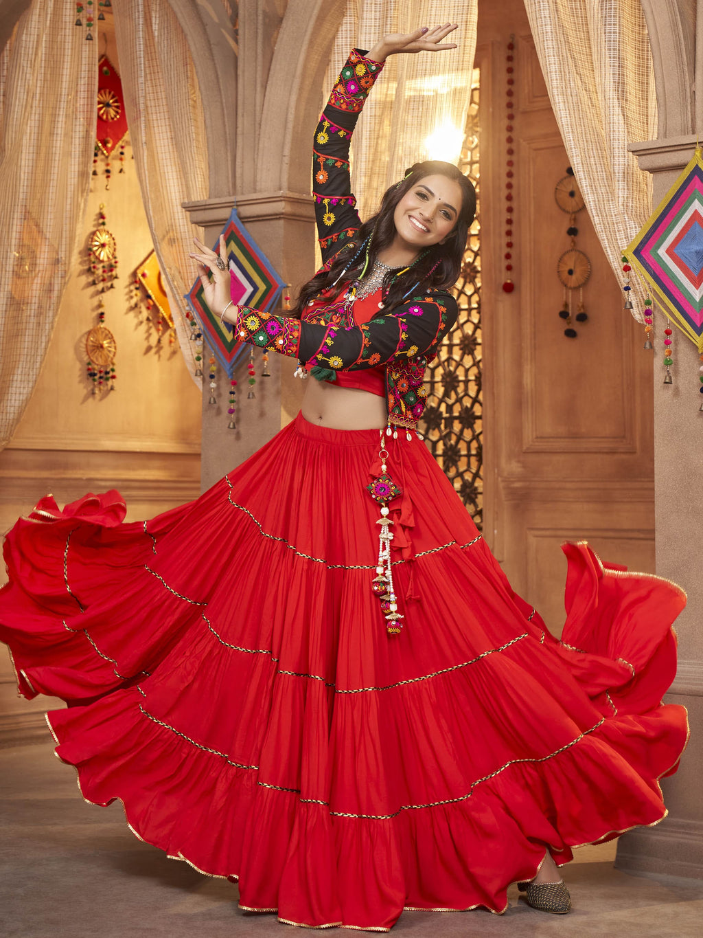 Myra Red Viscose Rayon Embroidered Designer Navratri Special Lehenga | Grocsy