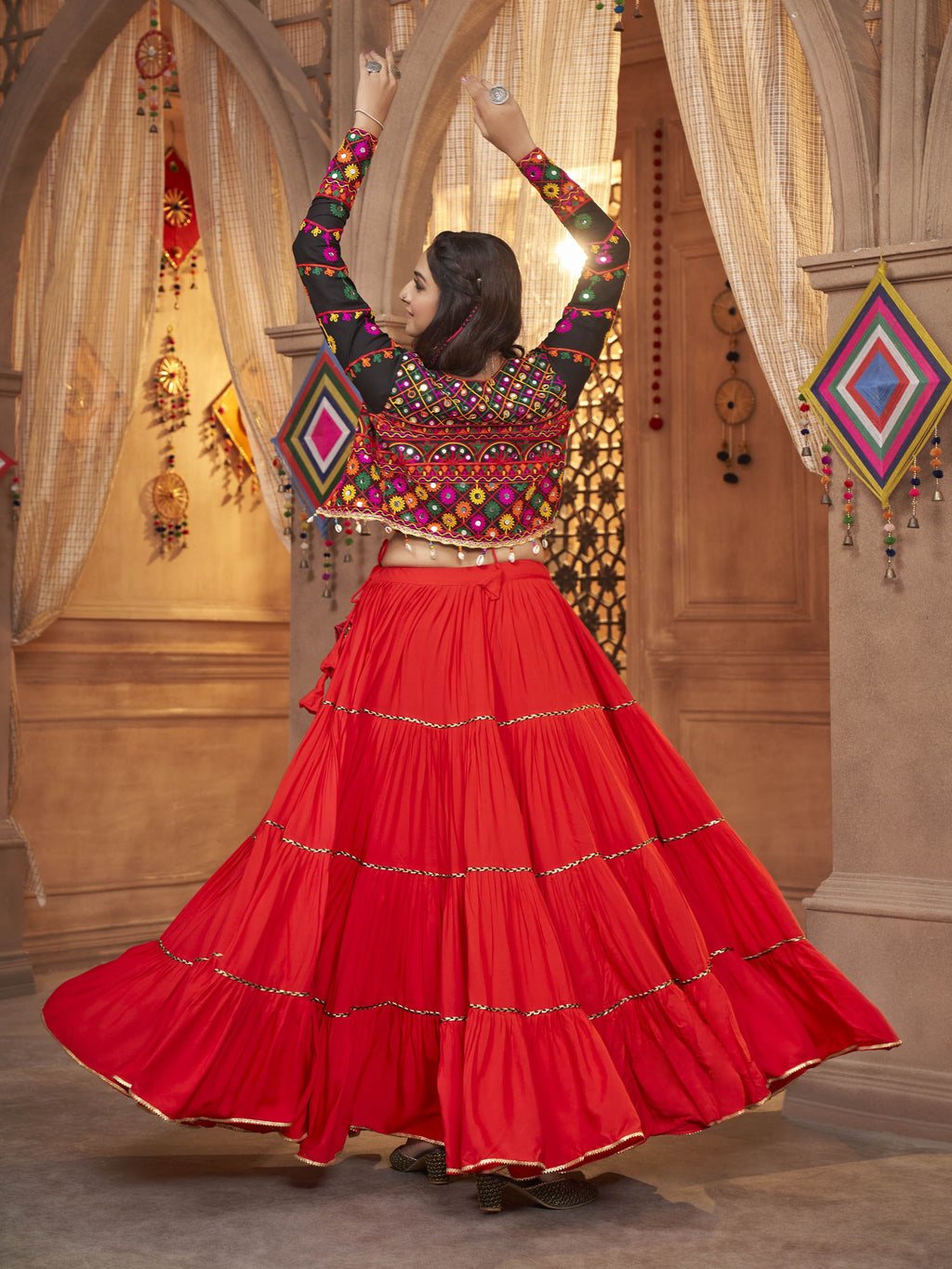 Myra Red Viscose Rayon Embroidered Designer Navratri Special Lehenga | Grocsy