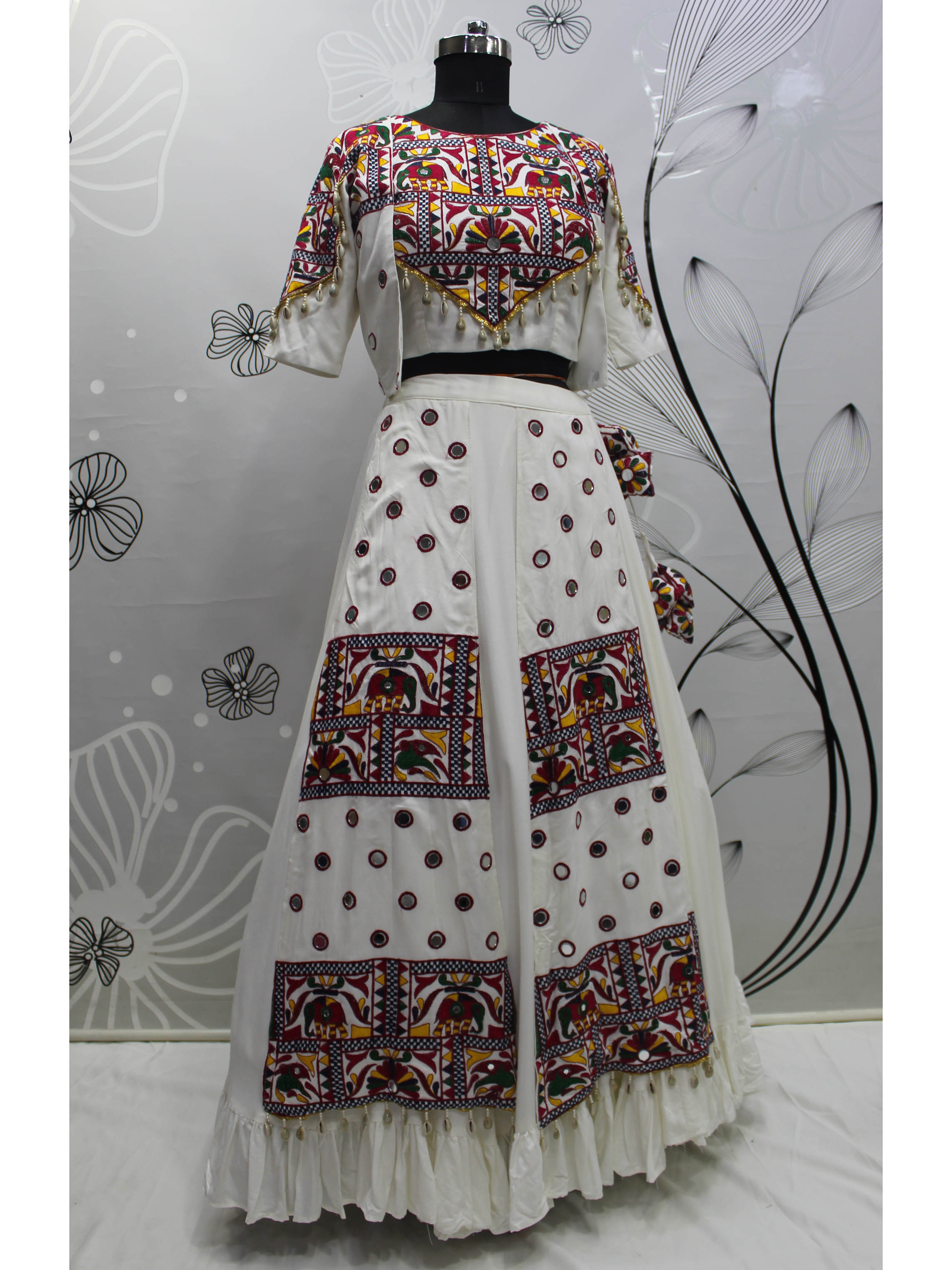 Myra White Koti Style Viscose Rayon Embroidered Designer Navratri Special Lehenga | Grocsy