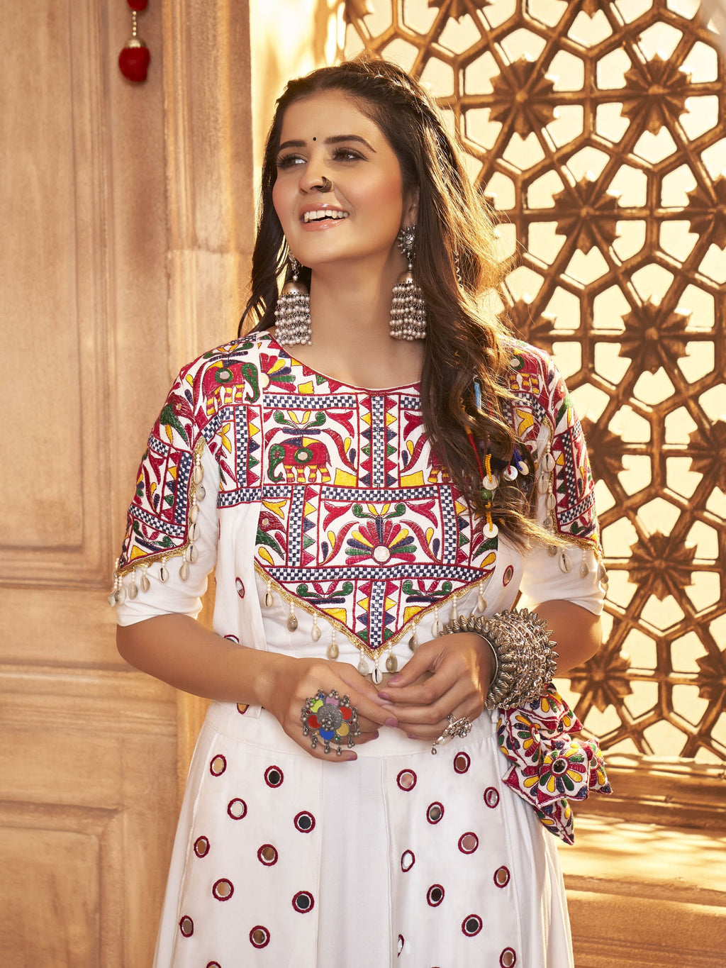 Myra White Koti Style Viscose Rayon Embroidered Designer Navratri Special Lehenga | Grocsy