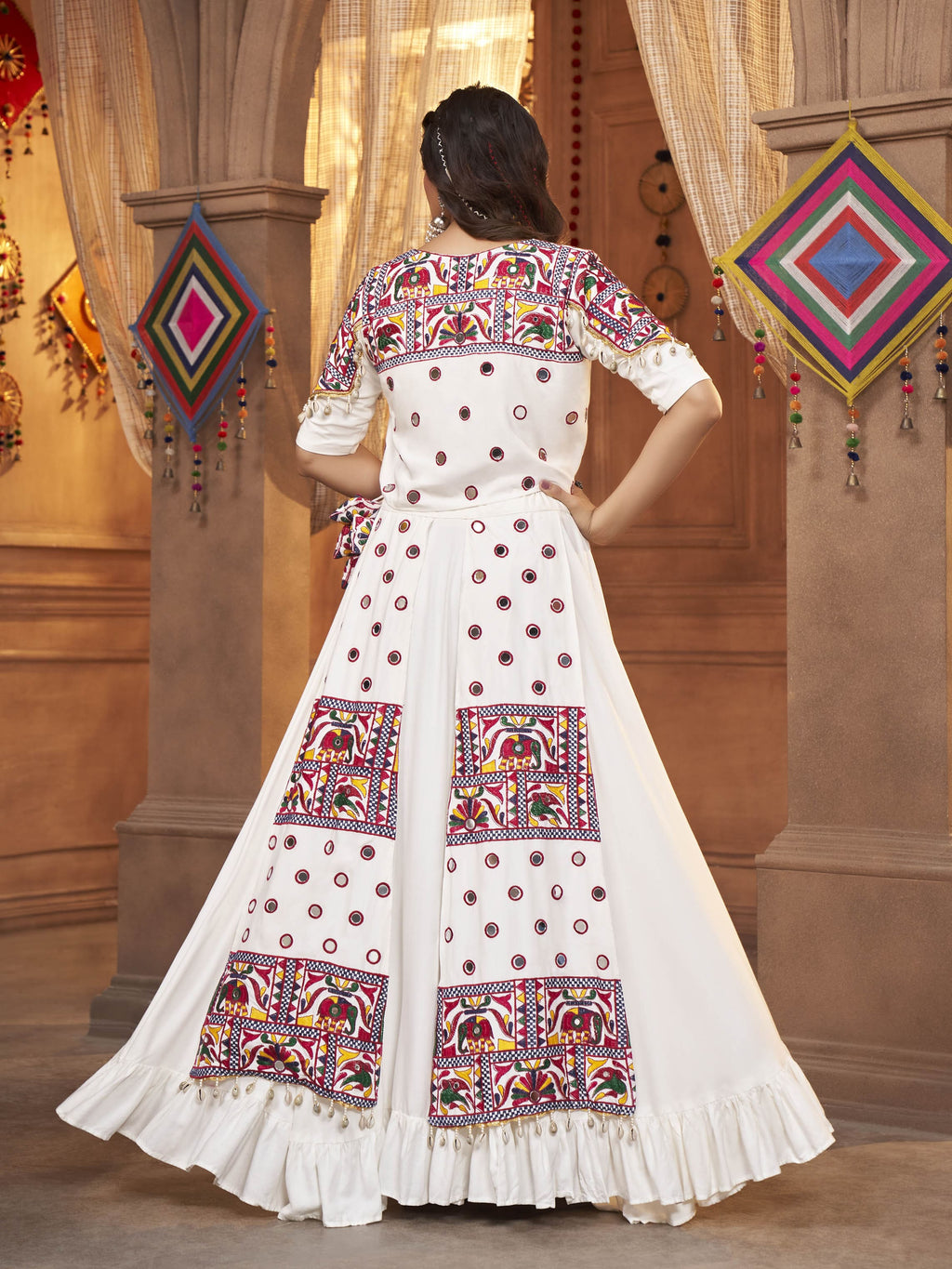 Myra White Koti Style Viscose Rayon Embroidered Designer Navratri Special Lehenga | Grocsy