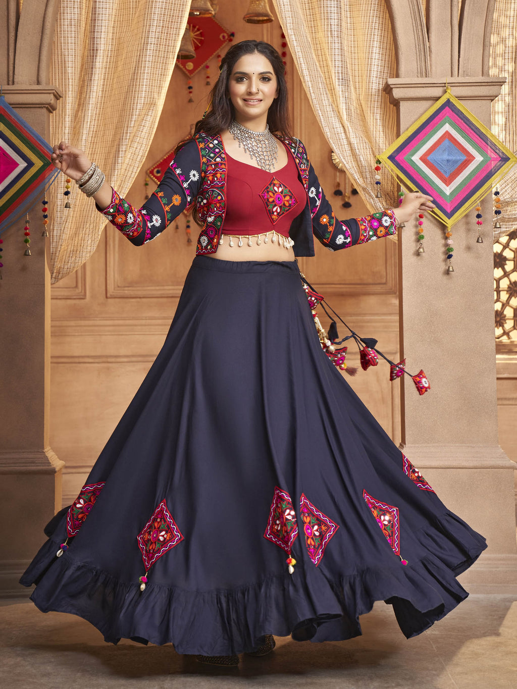 Myra Navy Blue Koti Style Viscose Rayon Embroidered Designer Navratri Special Lehenga | Grocsy
