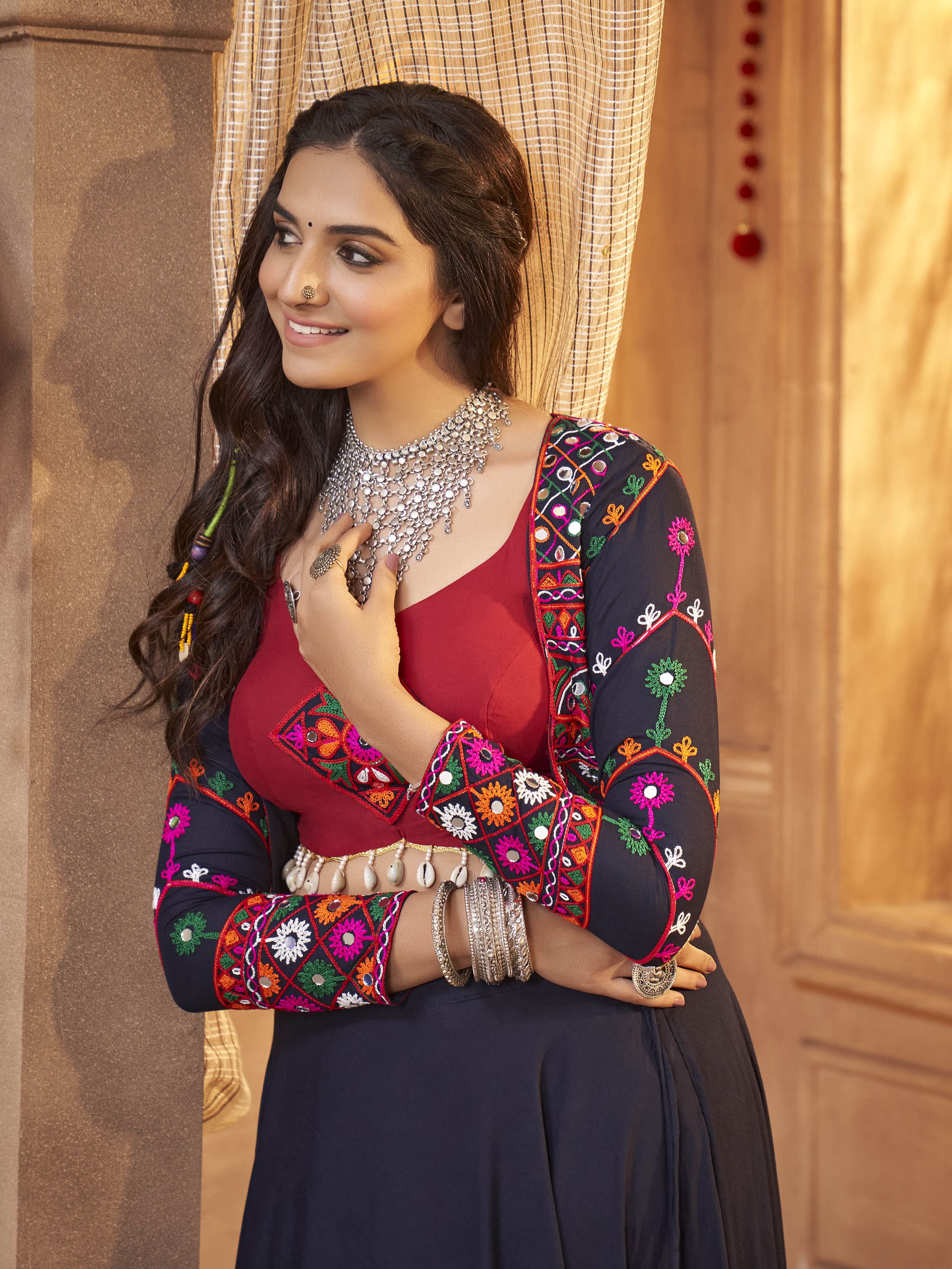 Myra Navy Blue Koti Style Viscose Rayon Embroidered Designer Navratri Special Lehenga | Grocsy
