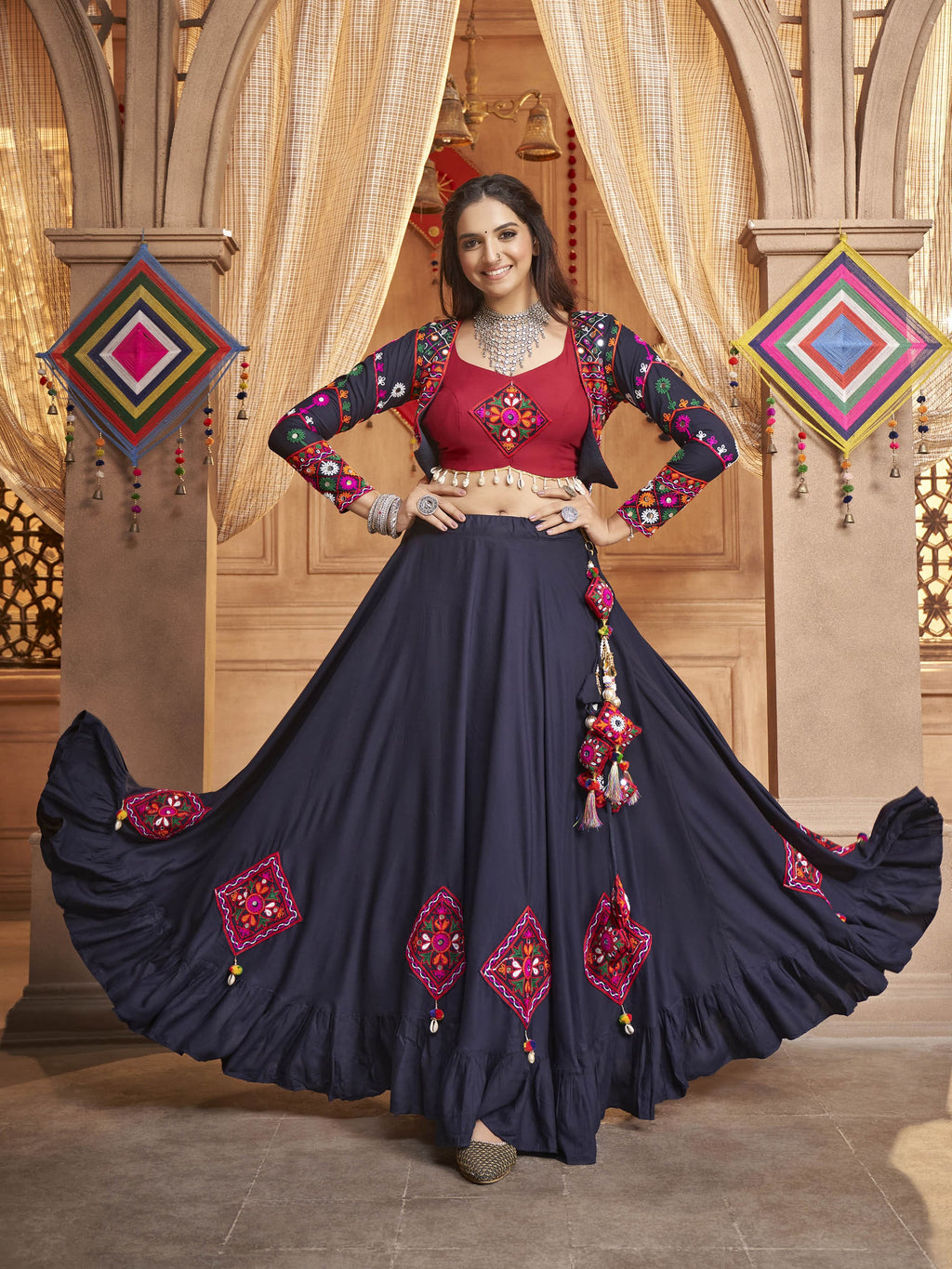 Myra Navy Blue Koti Style Viscose Rayon Embroidered Designer Navratri Special Lehenga | Grocsy