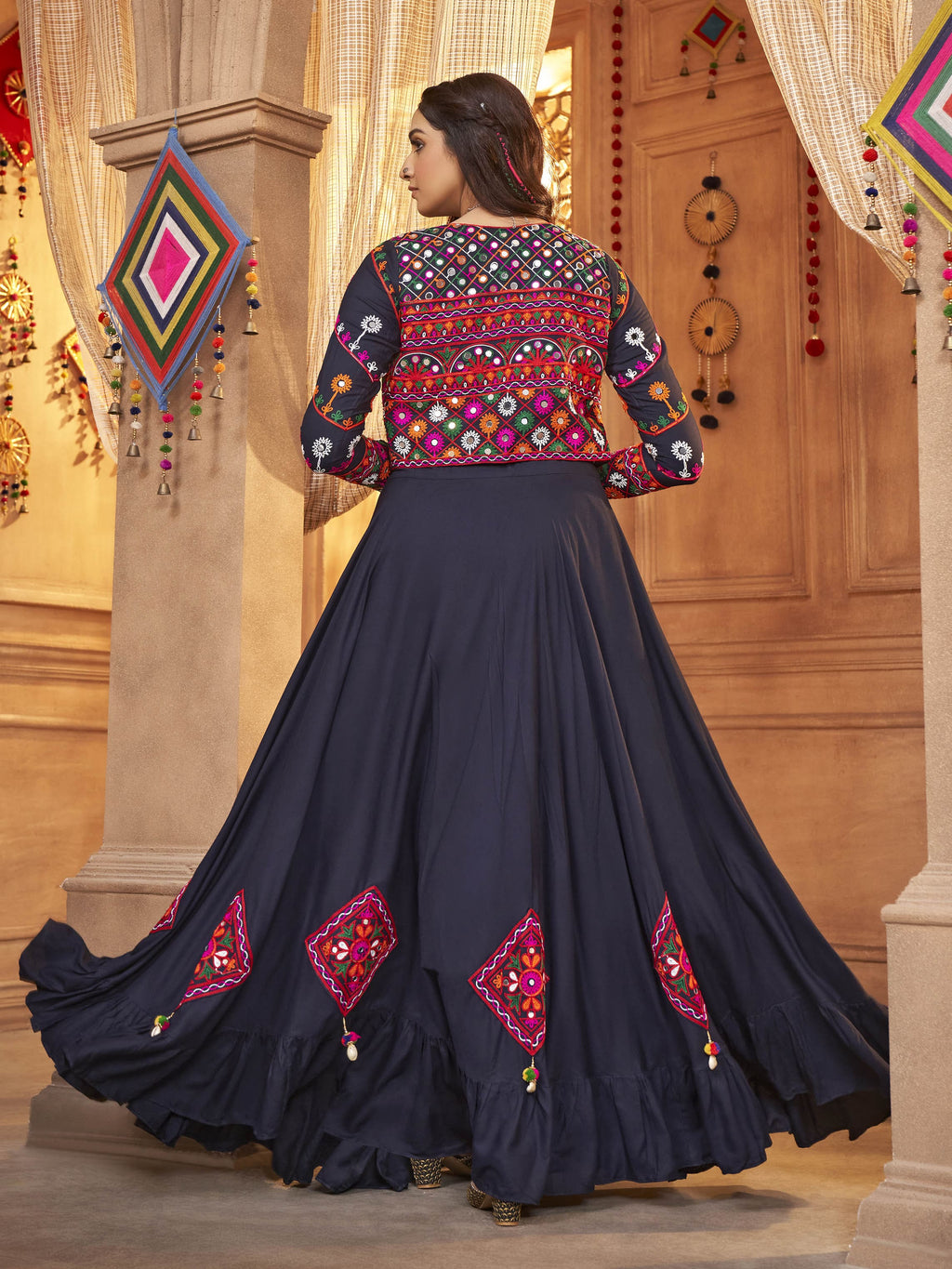 Myra Navy Blue Koti Style Viscose Rayon Embroidered Designer Navratri Special Lehenga | Grocsy