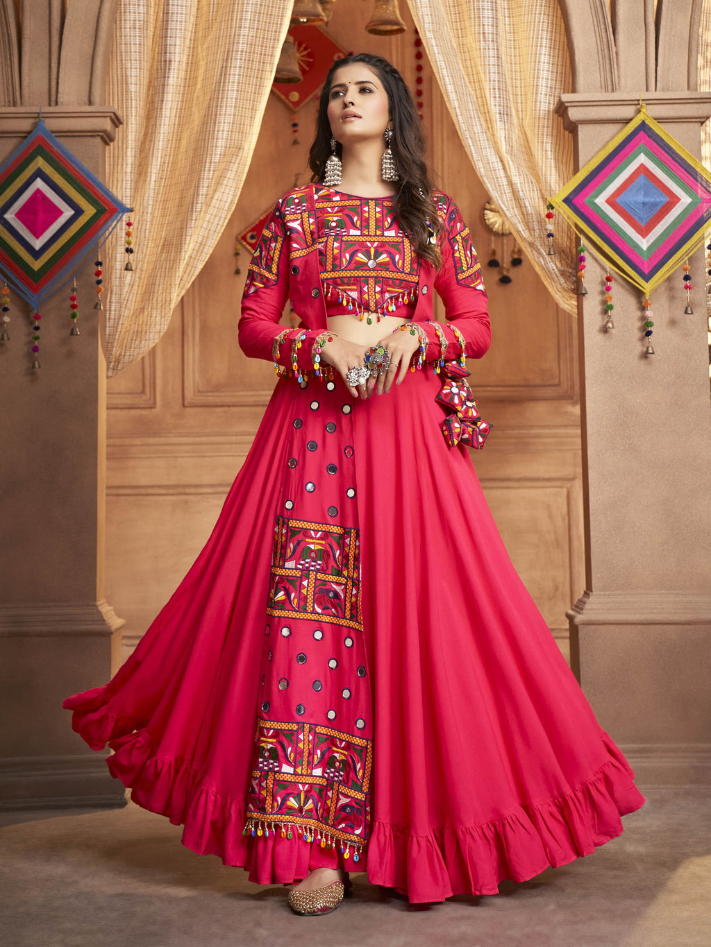Myra Rani and Pink Koti Style Viscose Rayon Embroidered Designer Navratri Special Lehenga | Grocsy