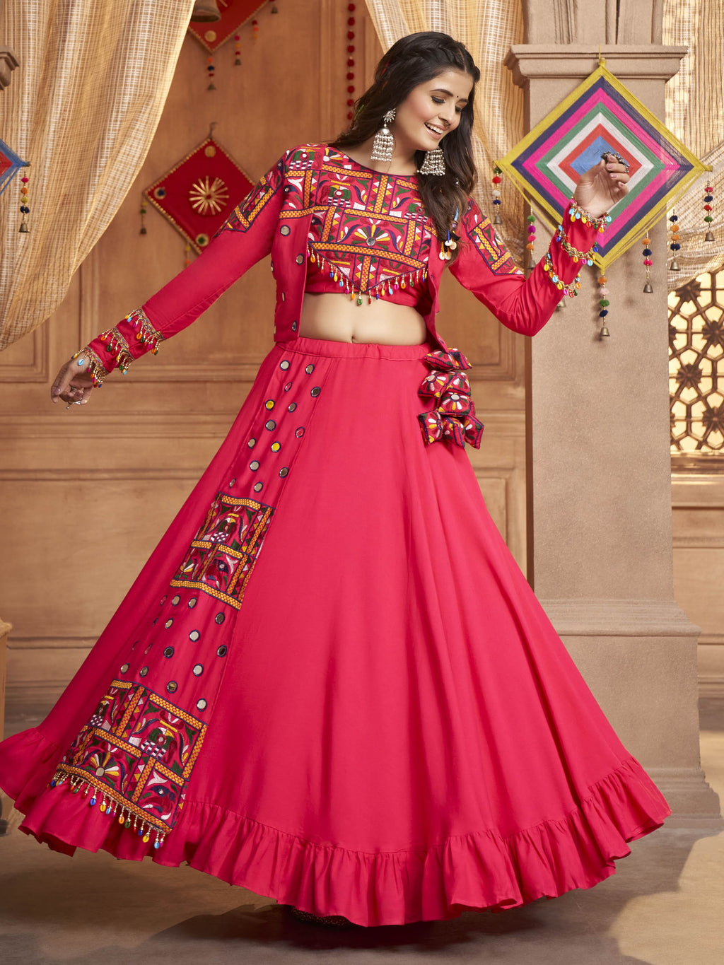 Myra Rani and Pink Koti Style Viscose Rayon Embroidered Designer Navratri Special Lehenga | Grocsy