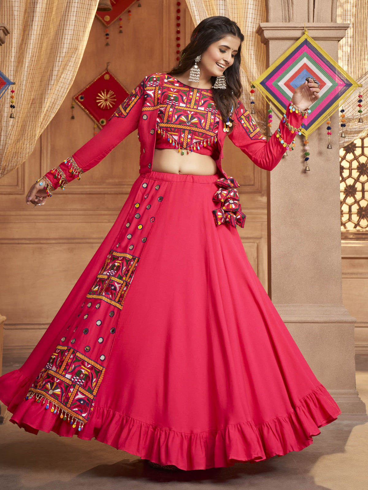 Myra Rani and Pink Koti Style Viscose Rayon Embroidered Designer Navratri Special Lehenga | Grocsy