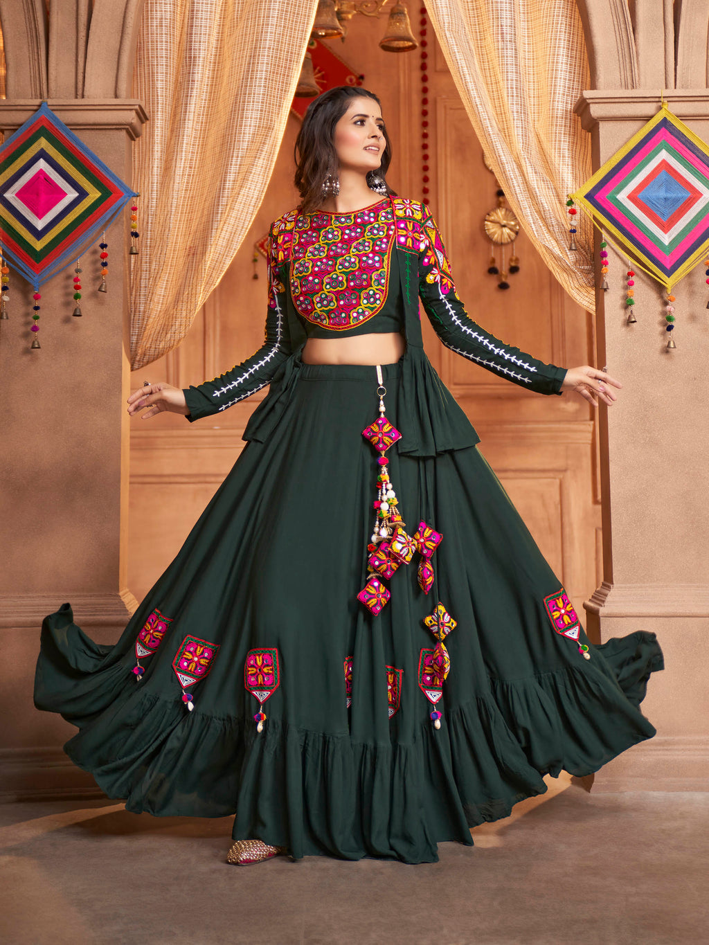 Myra Green Koti Style Viscose Rayon Embroidered Designer Navratri Special Lehenga | Grocsy