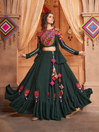 Myra Green Koti Style Viscose Rayon Embroidered Designer Navratri Special Lehenga | Grocsy