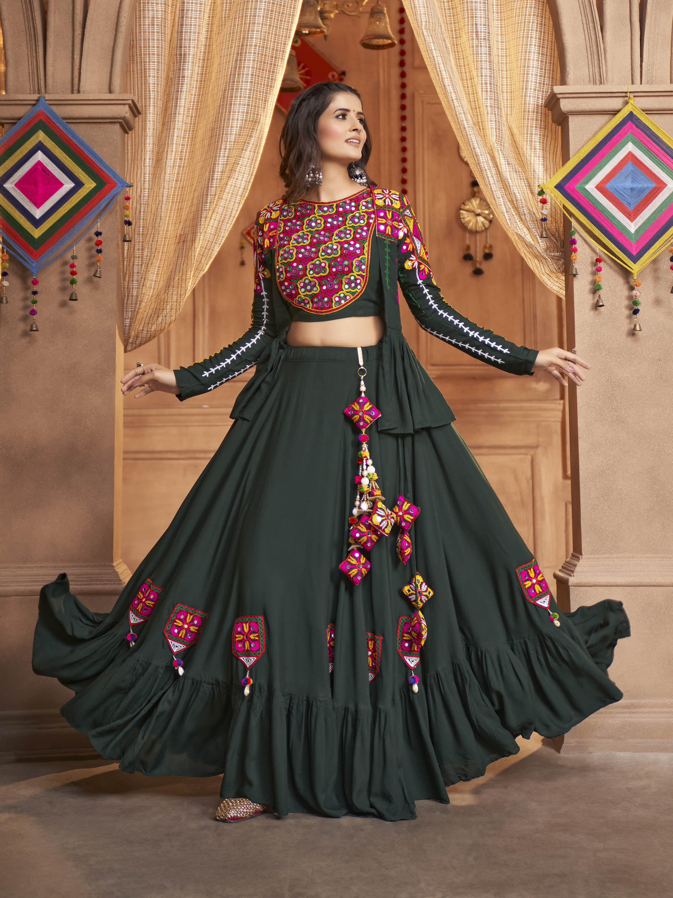 Myra Green Koti Style Viscose Rayon Embroidered Designer Navratri Special Lehenga | Grocsy