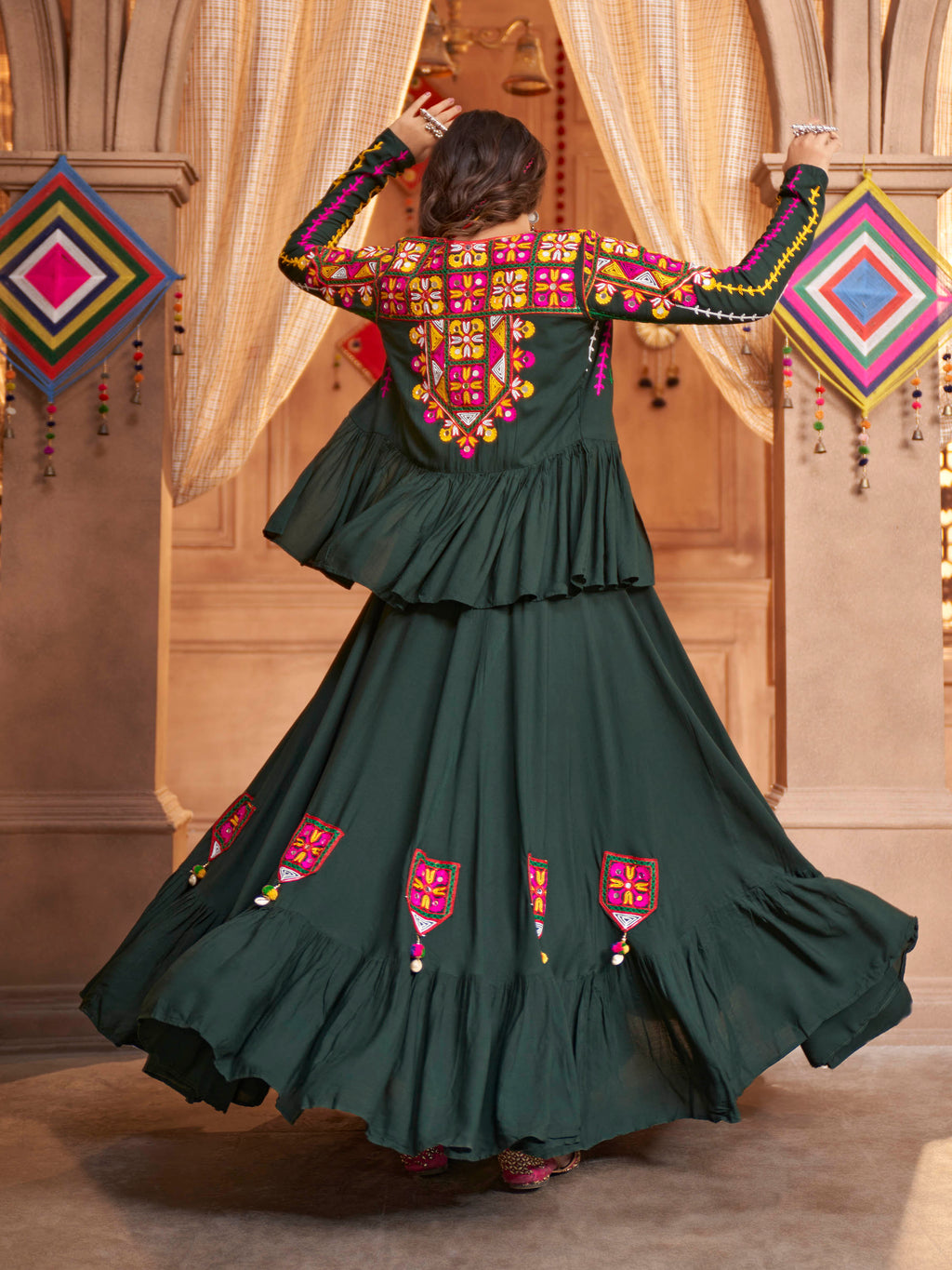 Myra Green Koti Style Viscose Rayon Embroidered Designer Navratri Special Lehenga | Grocsy
