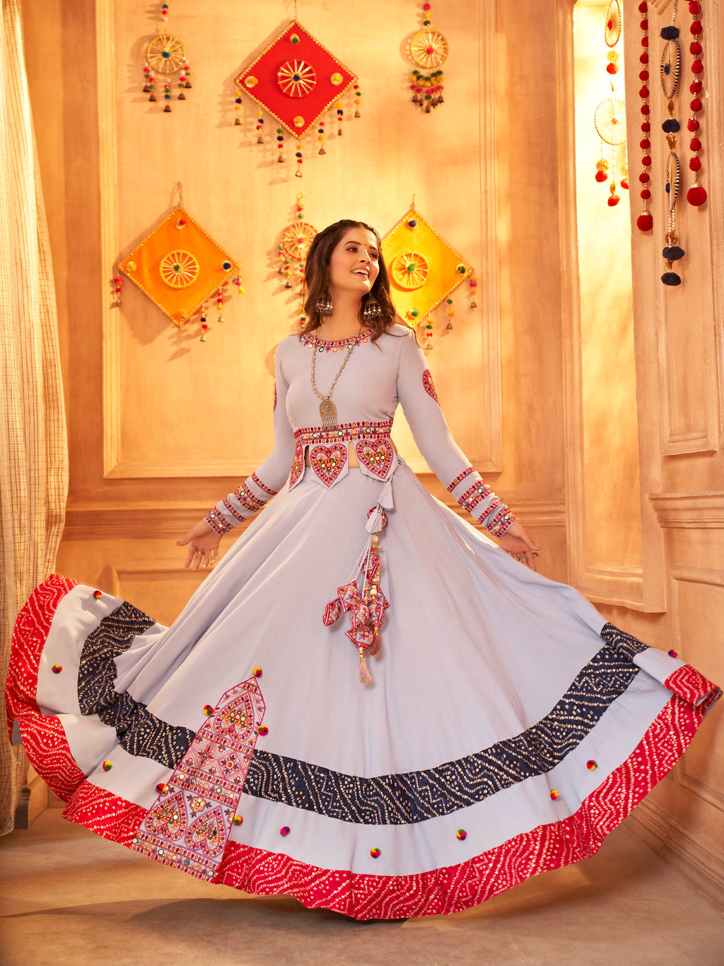 Myra Sky Viscose Rayon Embroidered Designer Navratri Special Lehenga | Grocsy