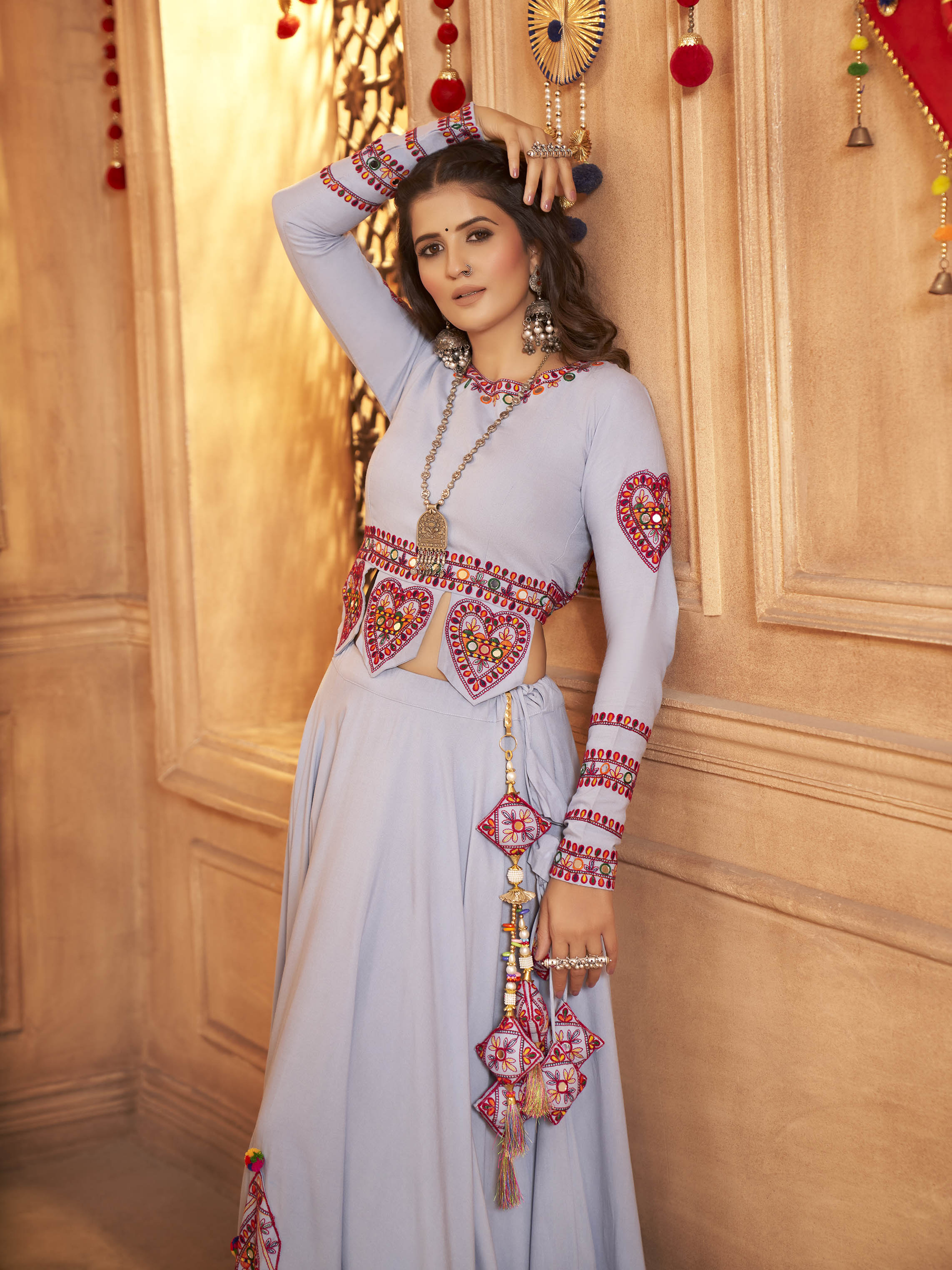 Myra Sky Viscose Rayon Embroidered Designer Navratri Special Lehenga | Grocsy