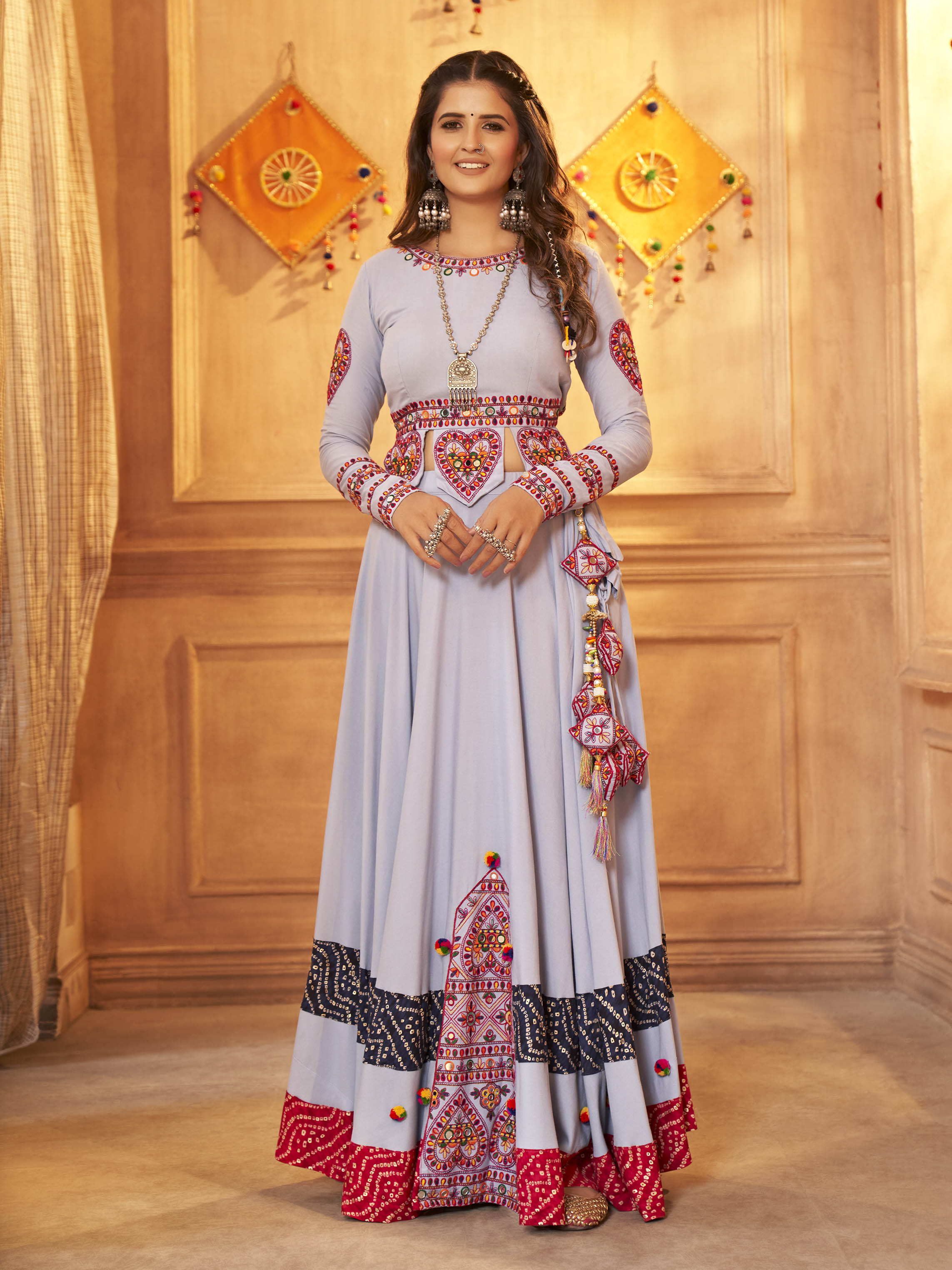 Myra Sky Viscose Rayon Embroidered Designer Navratri Special Lehenga | Grocsy