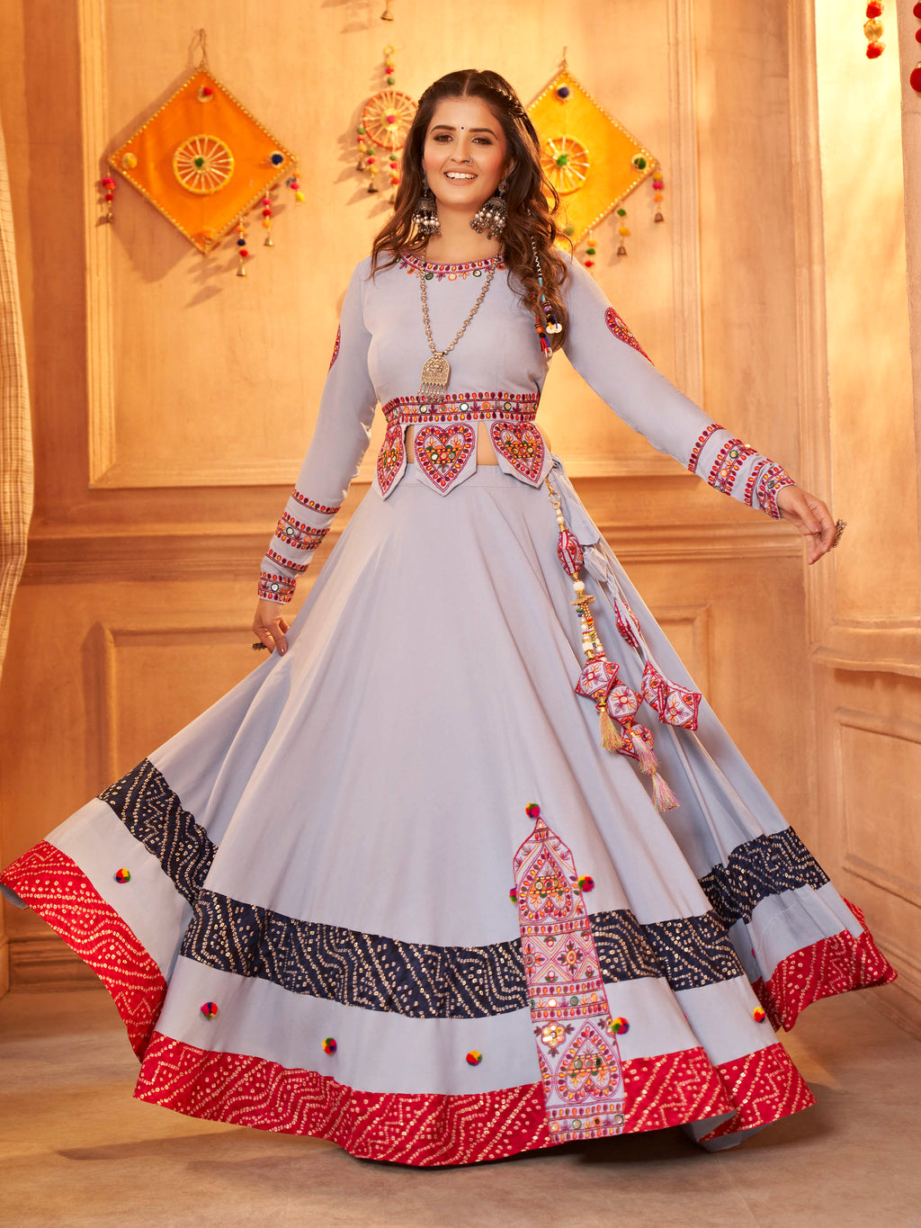 Myra Sky Viscose Rayon Embroidered Designer Navratri Special Lehenga | Grocsy