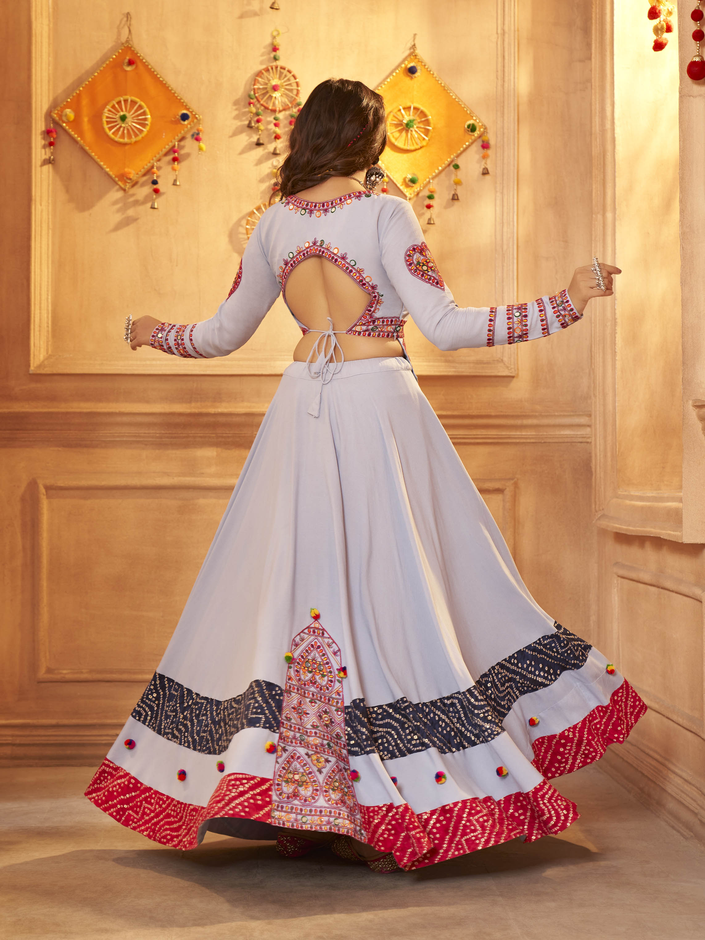 Myra Sky Viscose Rayon Embroidered Designer Navratri Special Lehenga | Grocsy