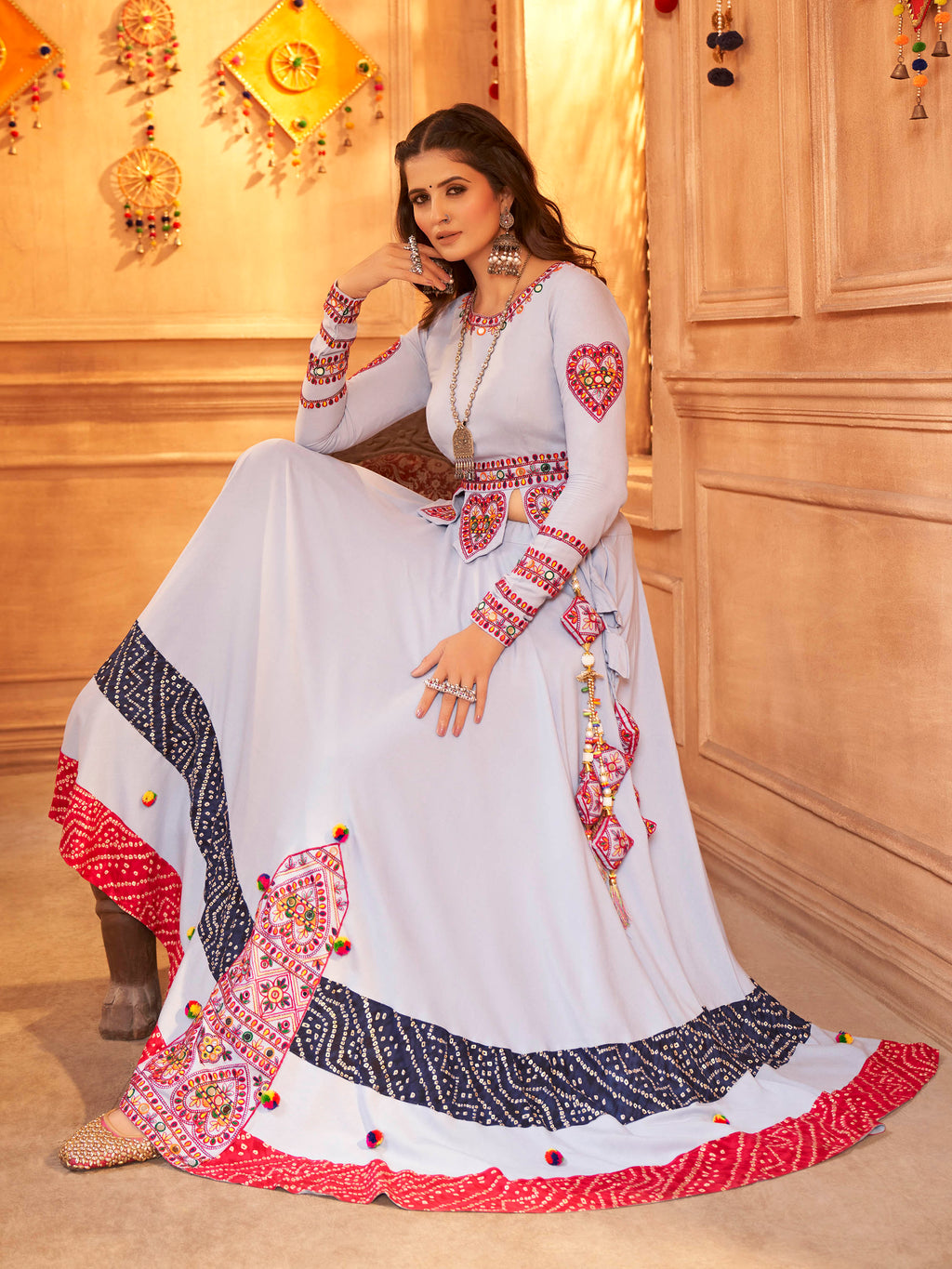 Myra Sky Viscose Rayon Embroidered Designer Navratri Special Lehenga | Grocsy