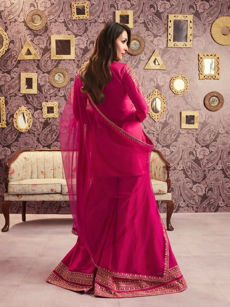 The52 Women's Beautiful Embroidery Work Chanderi Silk Fabric Straight Kurta Palazzo and Dupatta Set | Grocsy