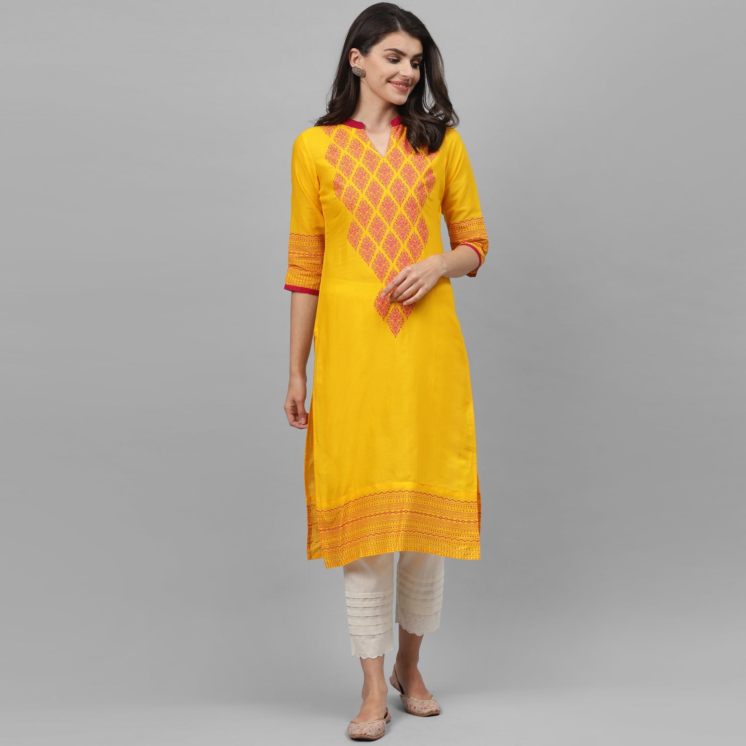 Maai Rayon Hand Printed Kurta Yellow | Grocsy