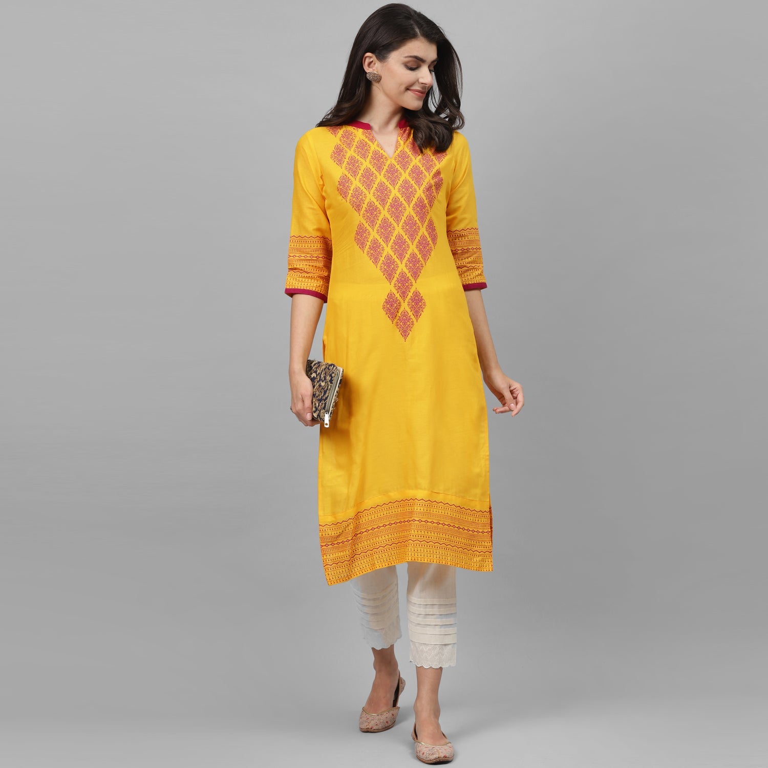 Maai Rayon Hand Printed Kurta Yellow | Grocsy