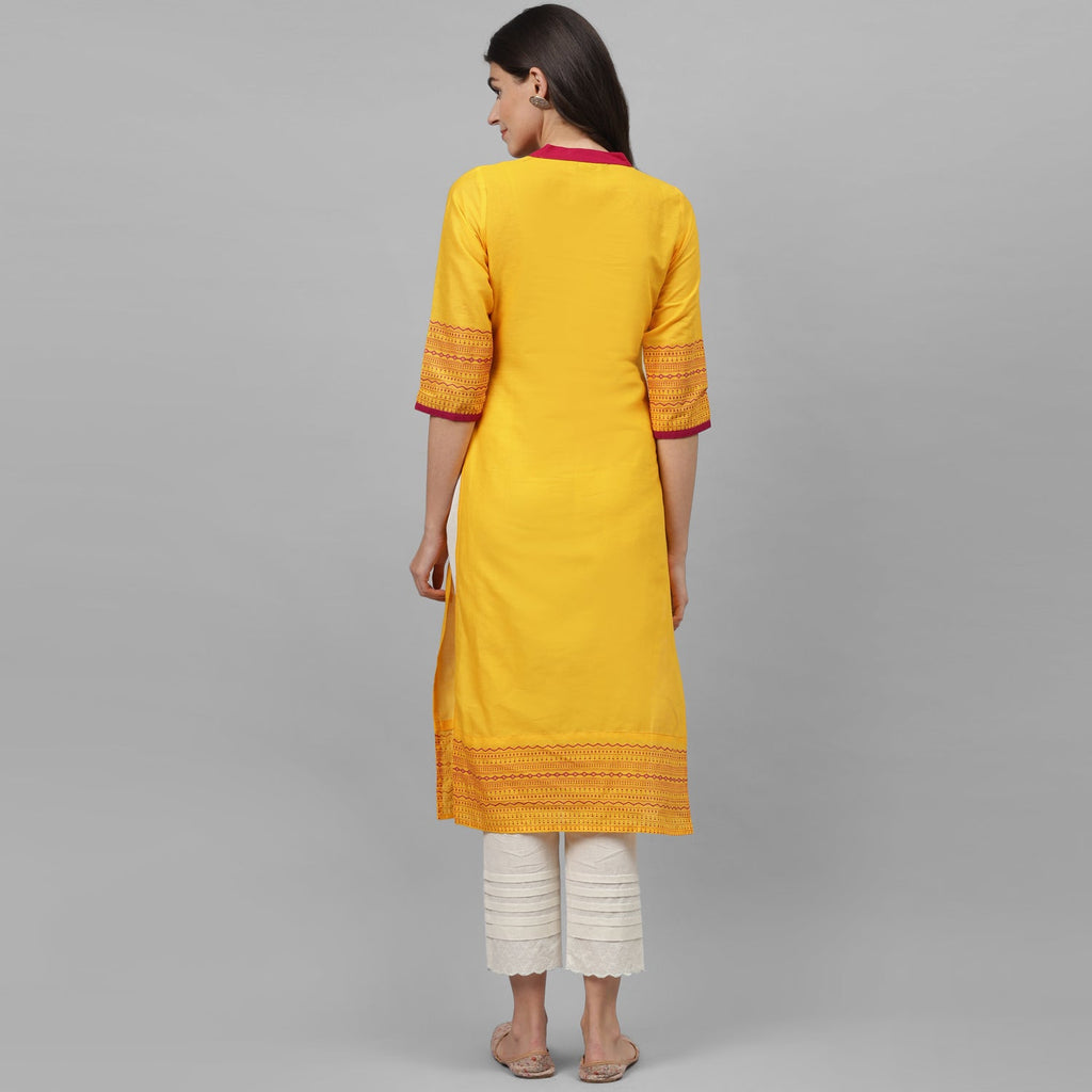 Maai Rayon Hand Printed Kurta Yellow | Grocsy