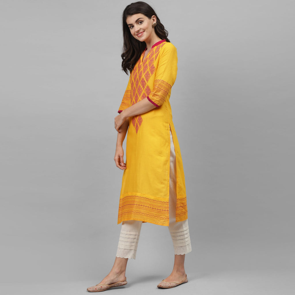 Maai Rayon Hand Printed Kurta Yellow | Grocsy