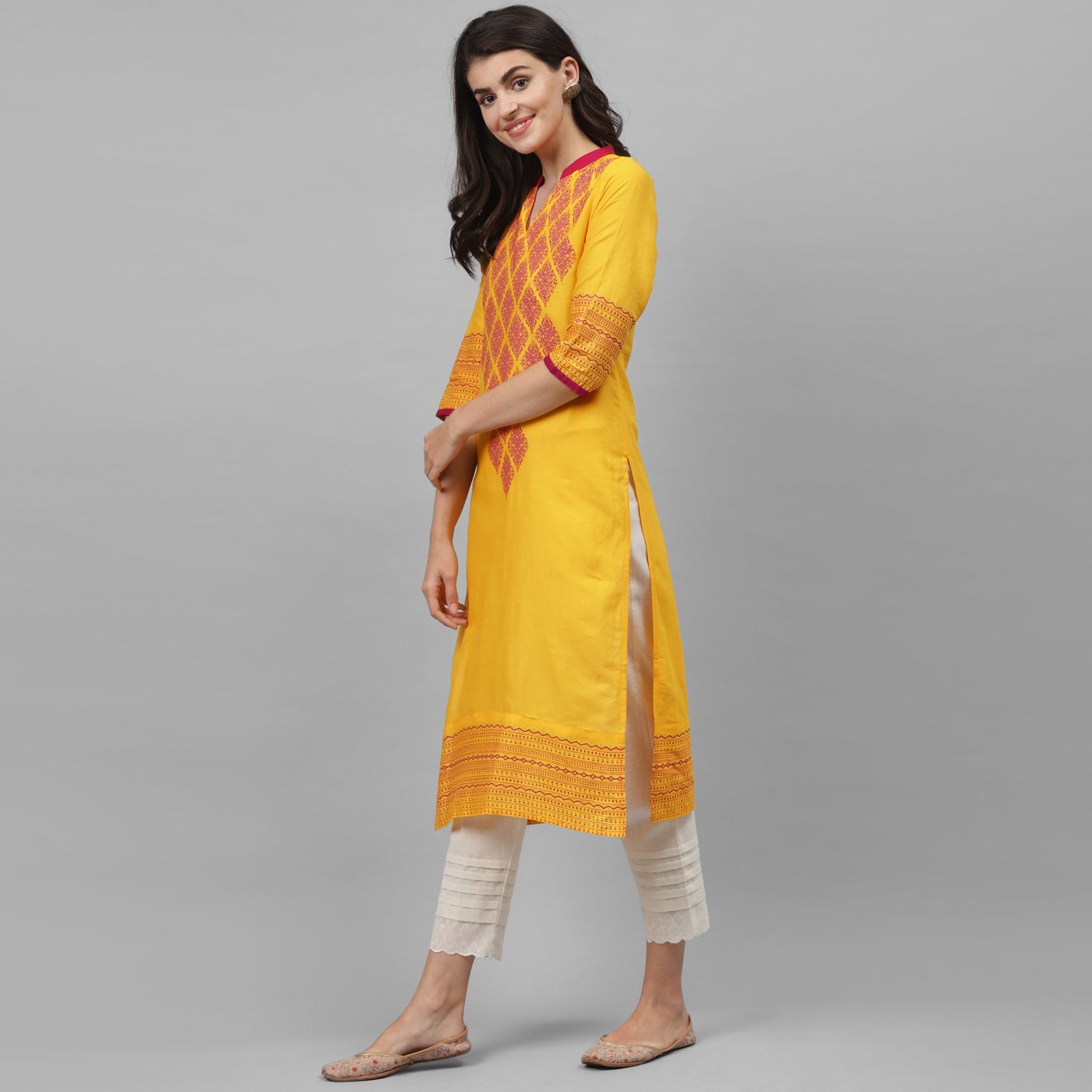 Maai Rayon Hand Printed Kurta Yellow | Grocsy