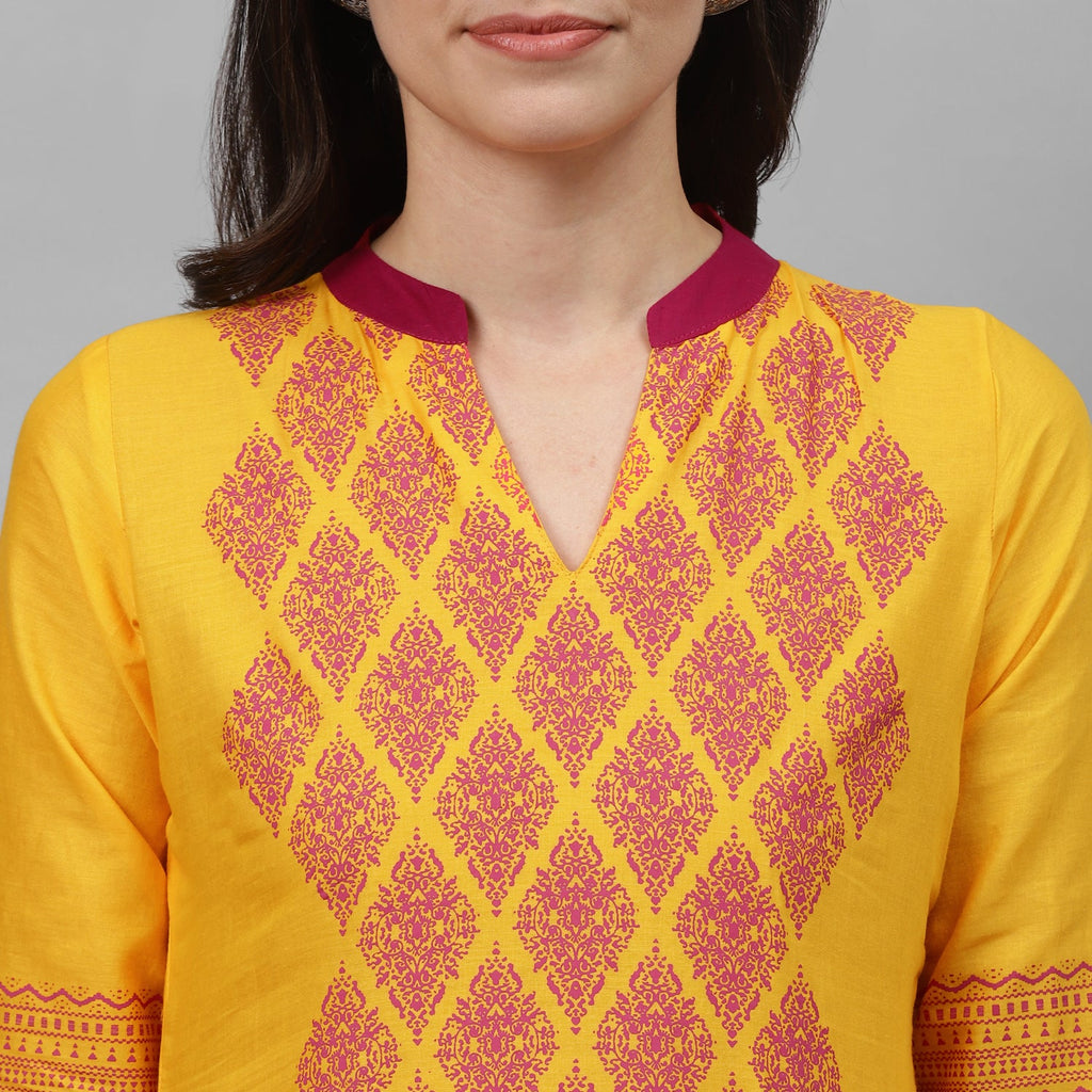 Maai Rayon Hand Printed Kurta Yellow | Grocsy