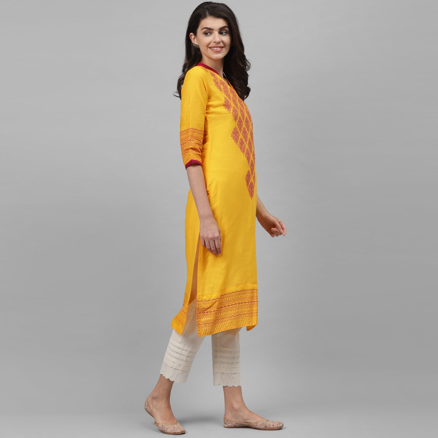 Maai Rayon Hand Printed Kurta Yellow | Grocsy