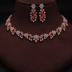 Tehzeeb Creations Rose Gold Pleated White Diamond With Orange Beads Necklace Set | Grocsy