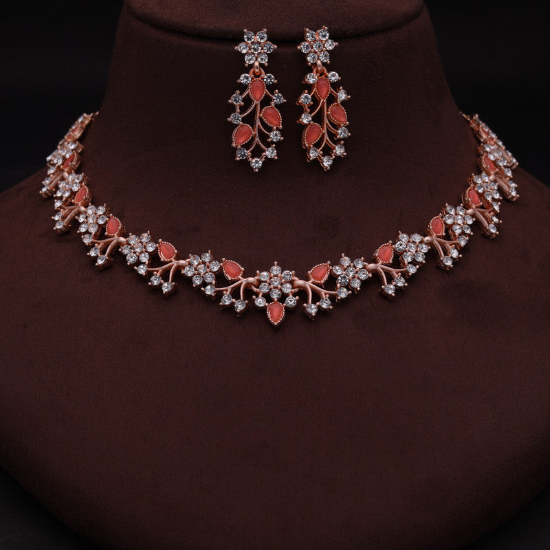 Tehzeeb Creations Rose Gold Pleated White Diamond With Orange Beads Necklace Set | Grocsy